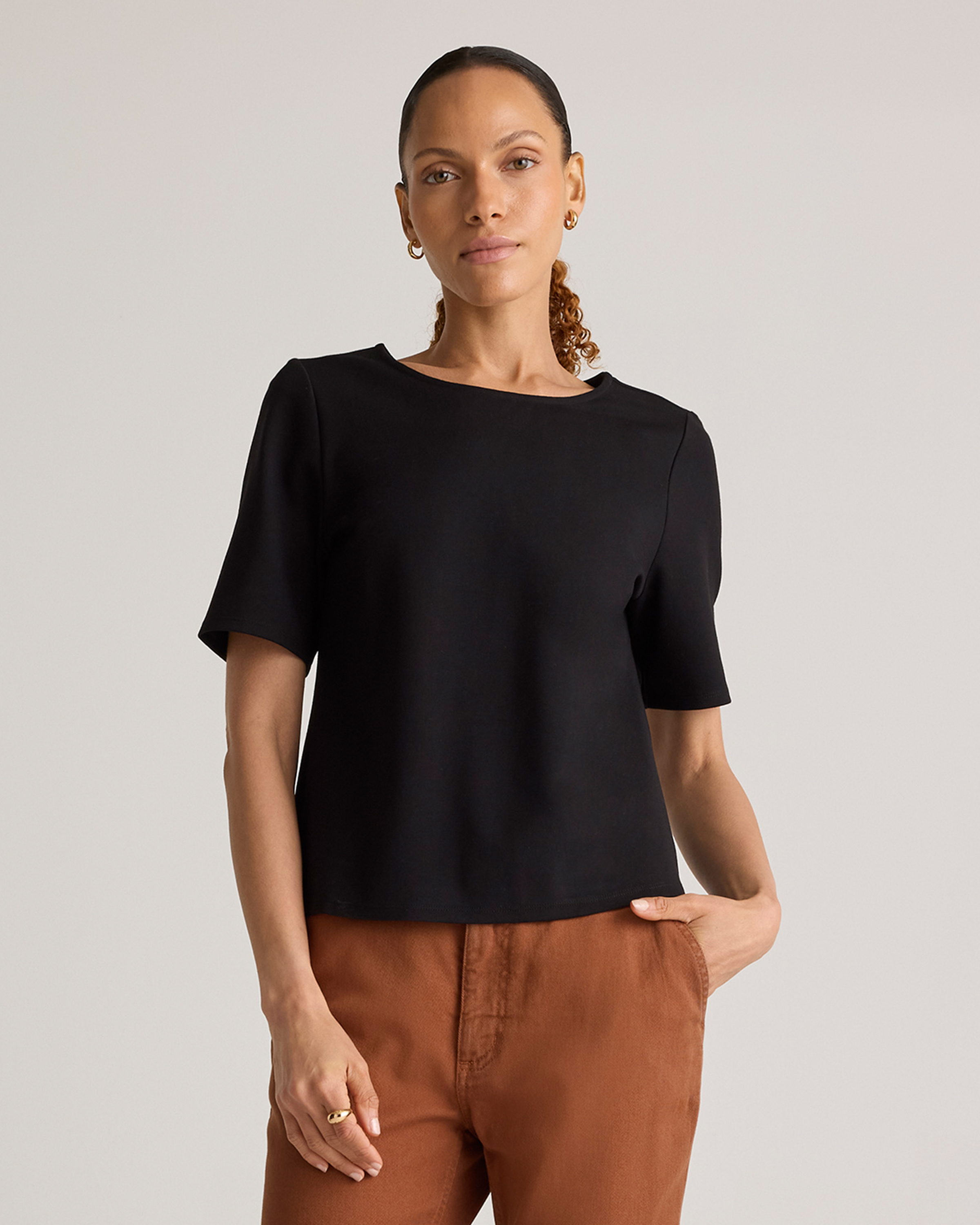 Shop Quince Women's Ultra-stretch Ponte Short Sleeve Top In Black