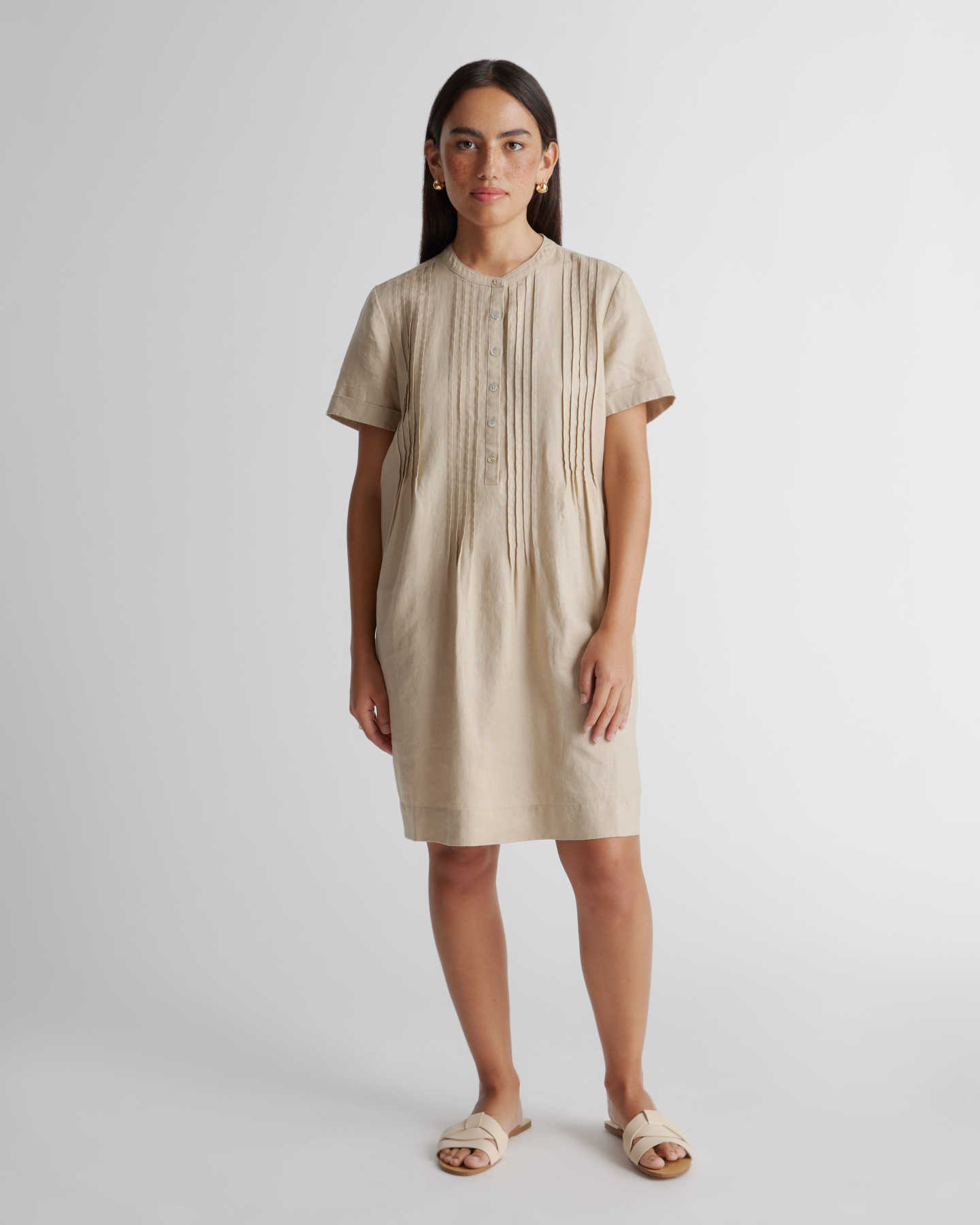 100% European Linen Short Sleeve Swing Dress  - Driftwood