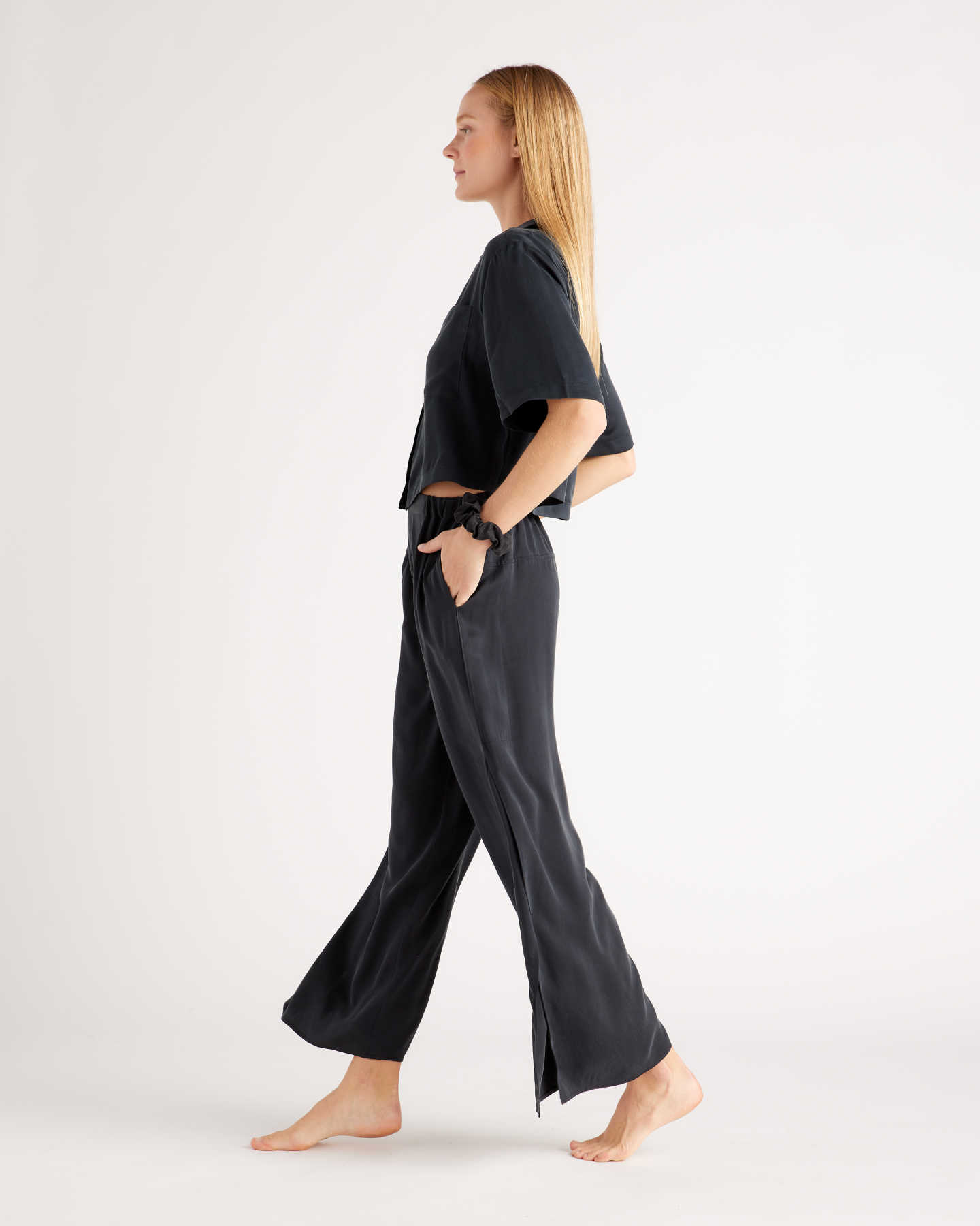 100% Washable Silk Button Up & Pants Pajama Set - Black - 2 - Thumbnail
