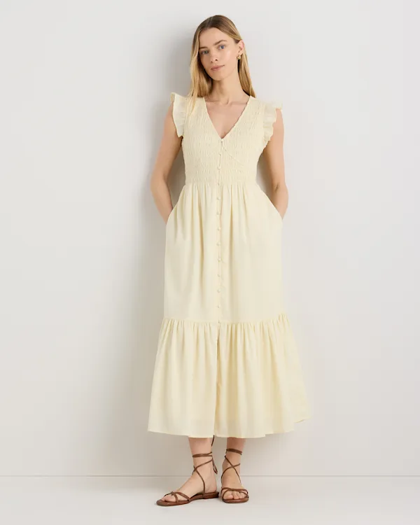 Organic Textured Cotton Smocked V-Neck Midi Dress
