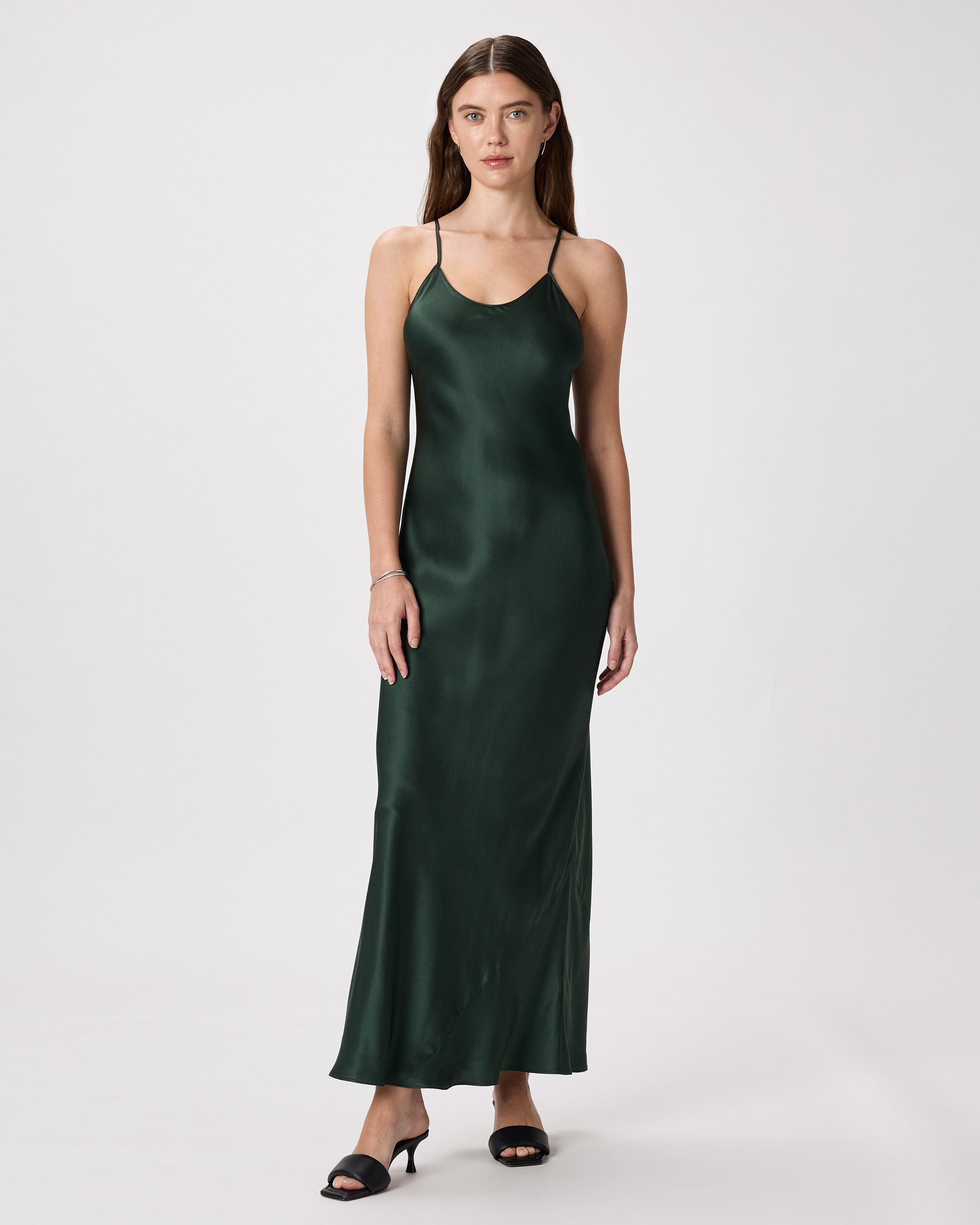 100% Washable Silk Maxi Slip Dress in Forest Green