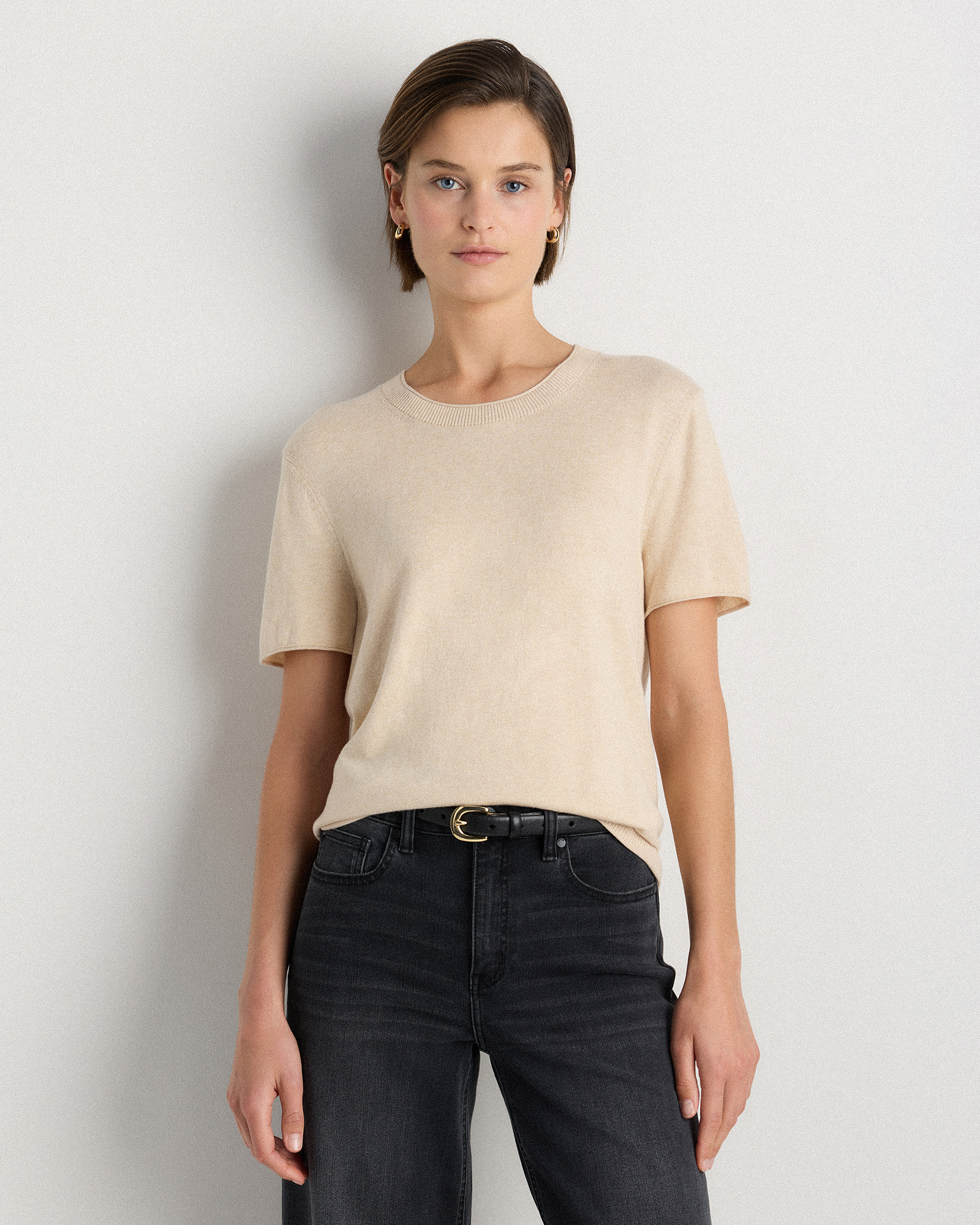 Lightweight Cotton Cashmere Relaxed Sweater Tee in Mocha Heather