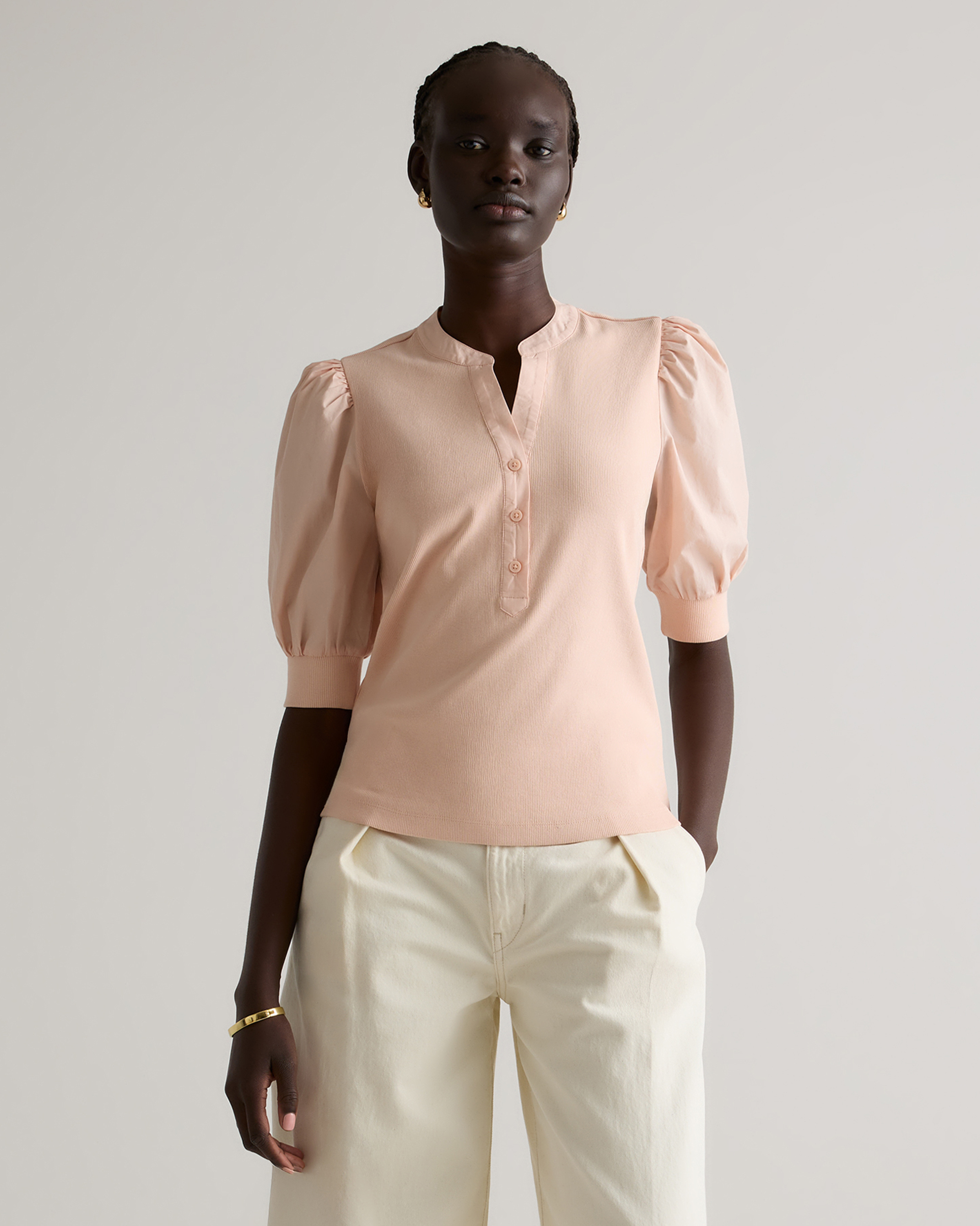 Cotton Mixed Media Puff Sleeve Top in Black