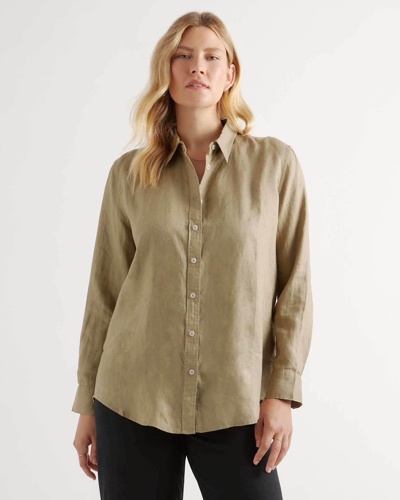 100% European Linen Long Sleeve Shirt - Washed Olive - 4