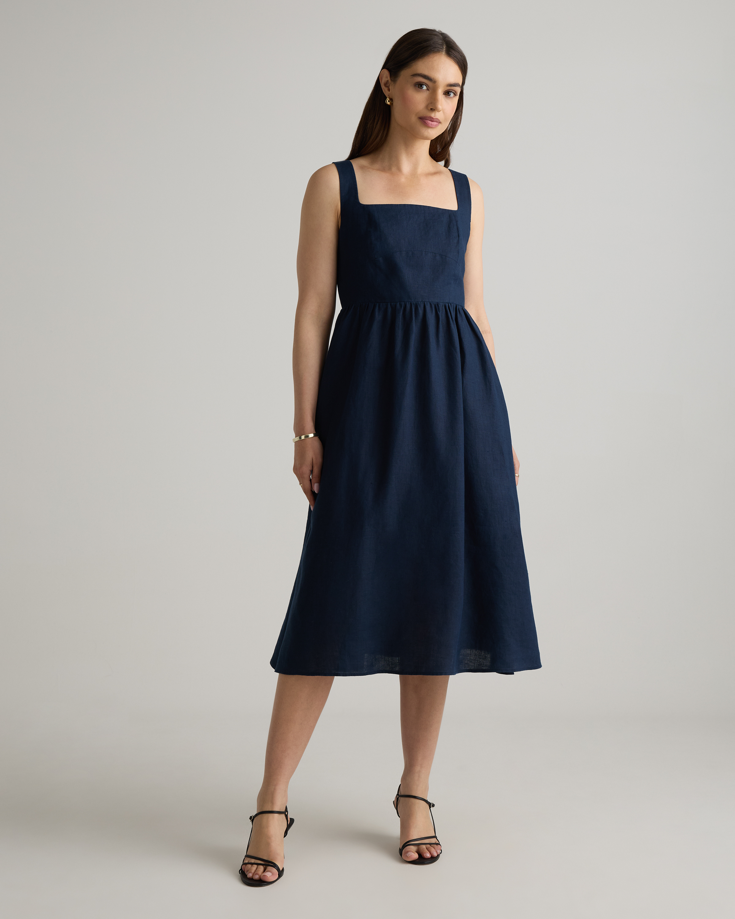 100% European Linen Fit & Flare Midi Dress in Classic Mini Gingham