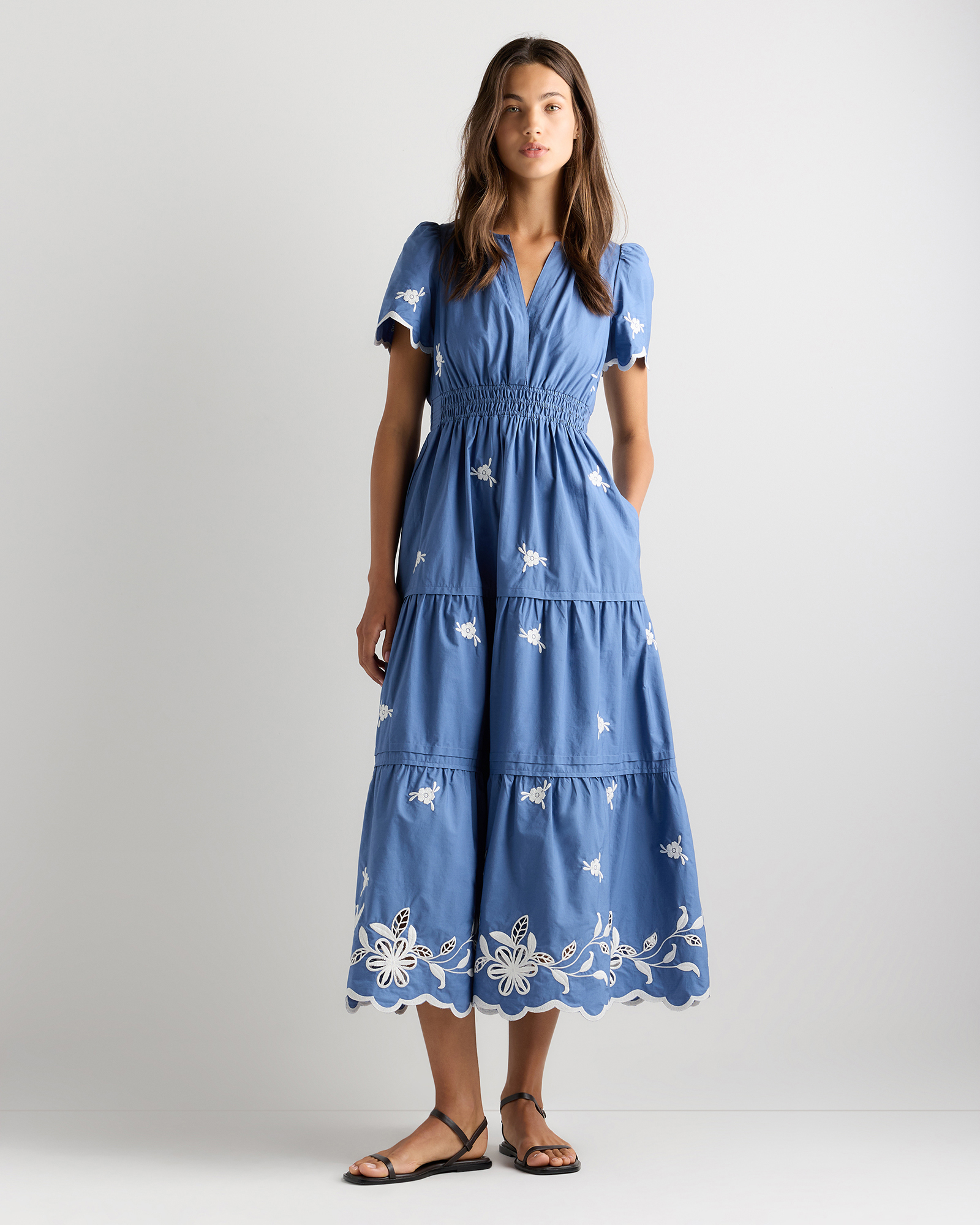 100% Organic Cotton Poplin Embroidered Tiered Maxi Dress 