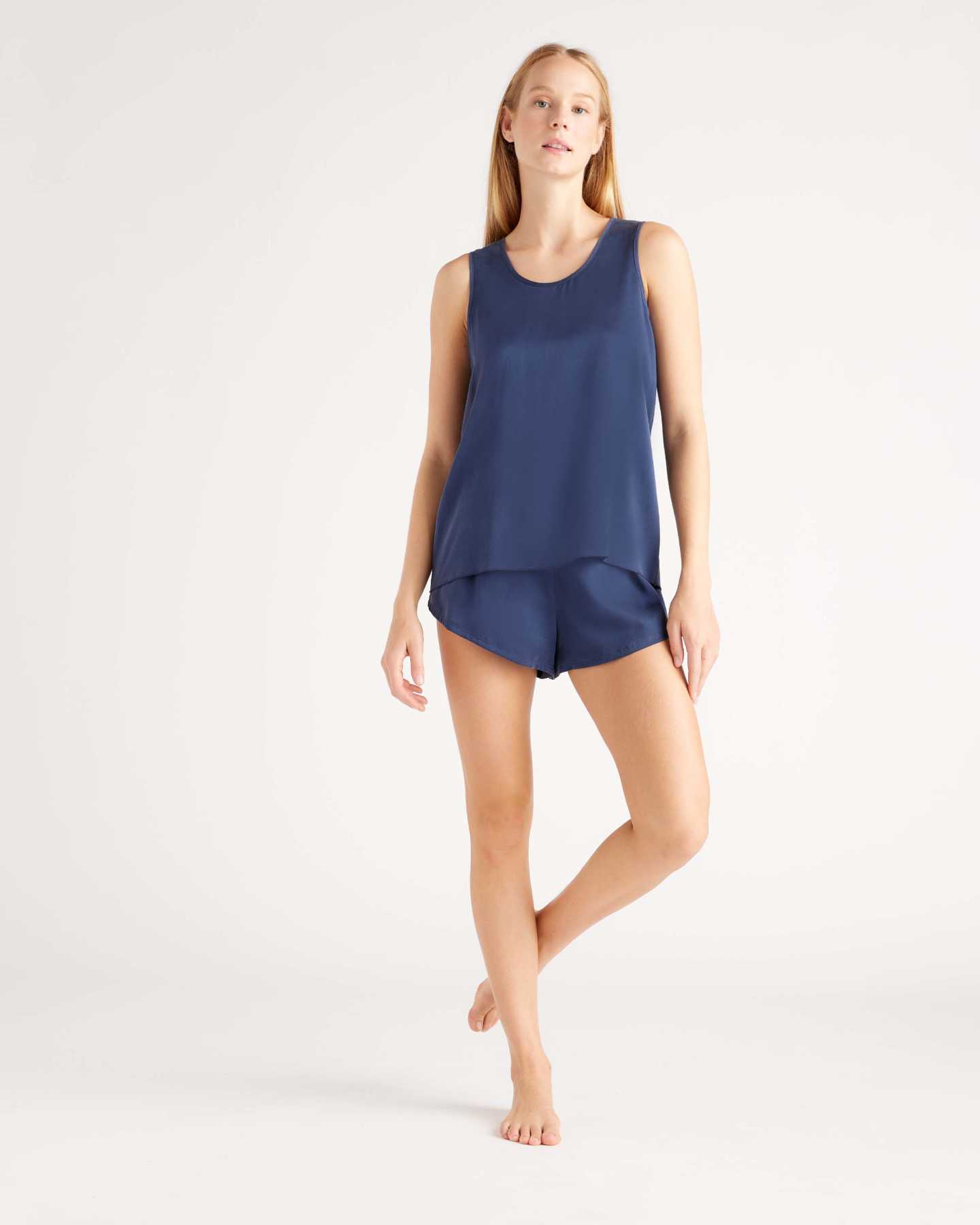 100% Washable Silk Tank & Shorts Pajama Set - Indigo