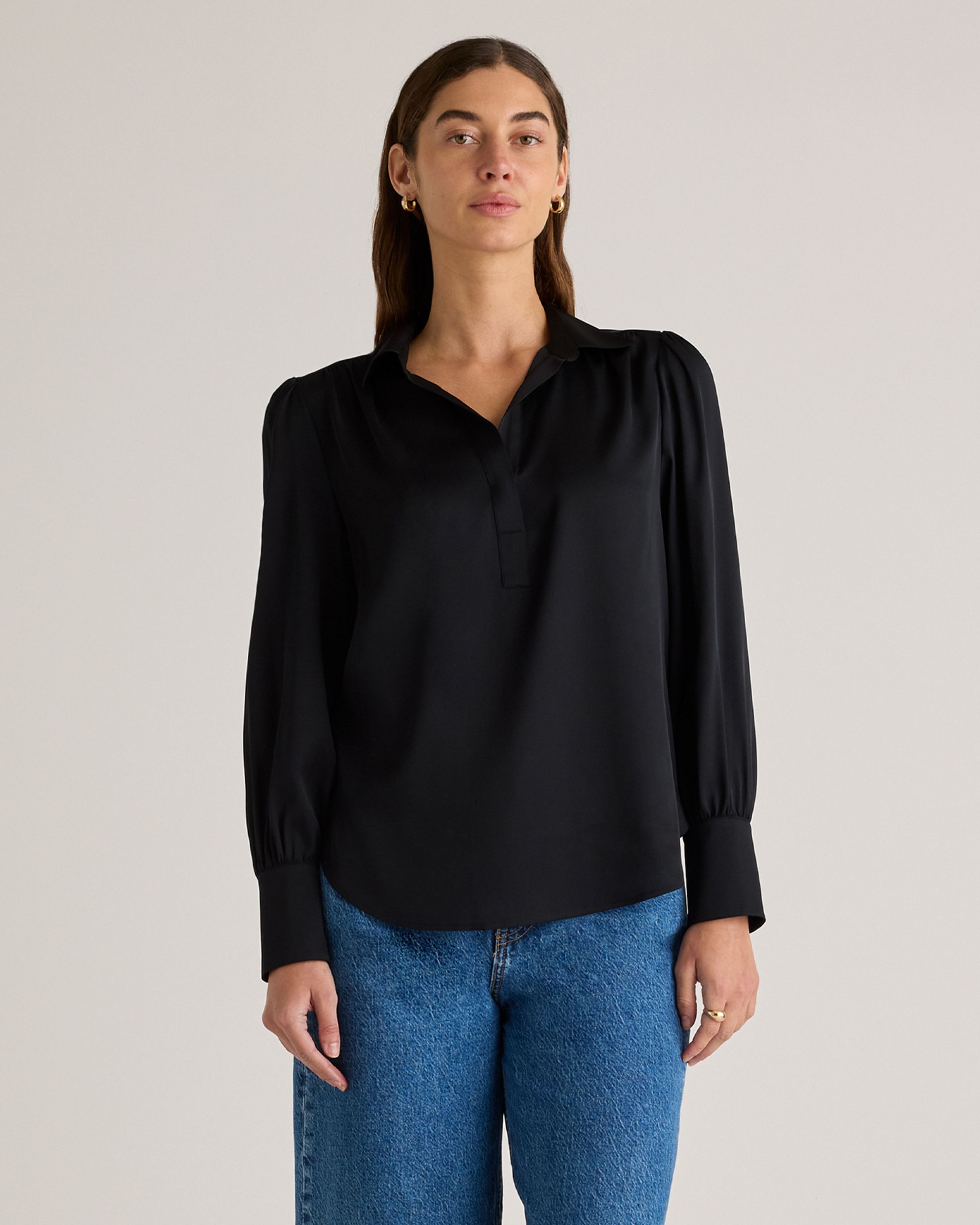 Quince Women's Washable Stretch Silk Split Neck Blouse In Black