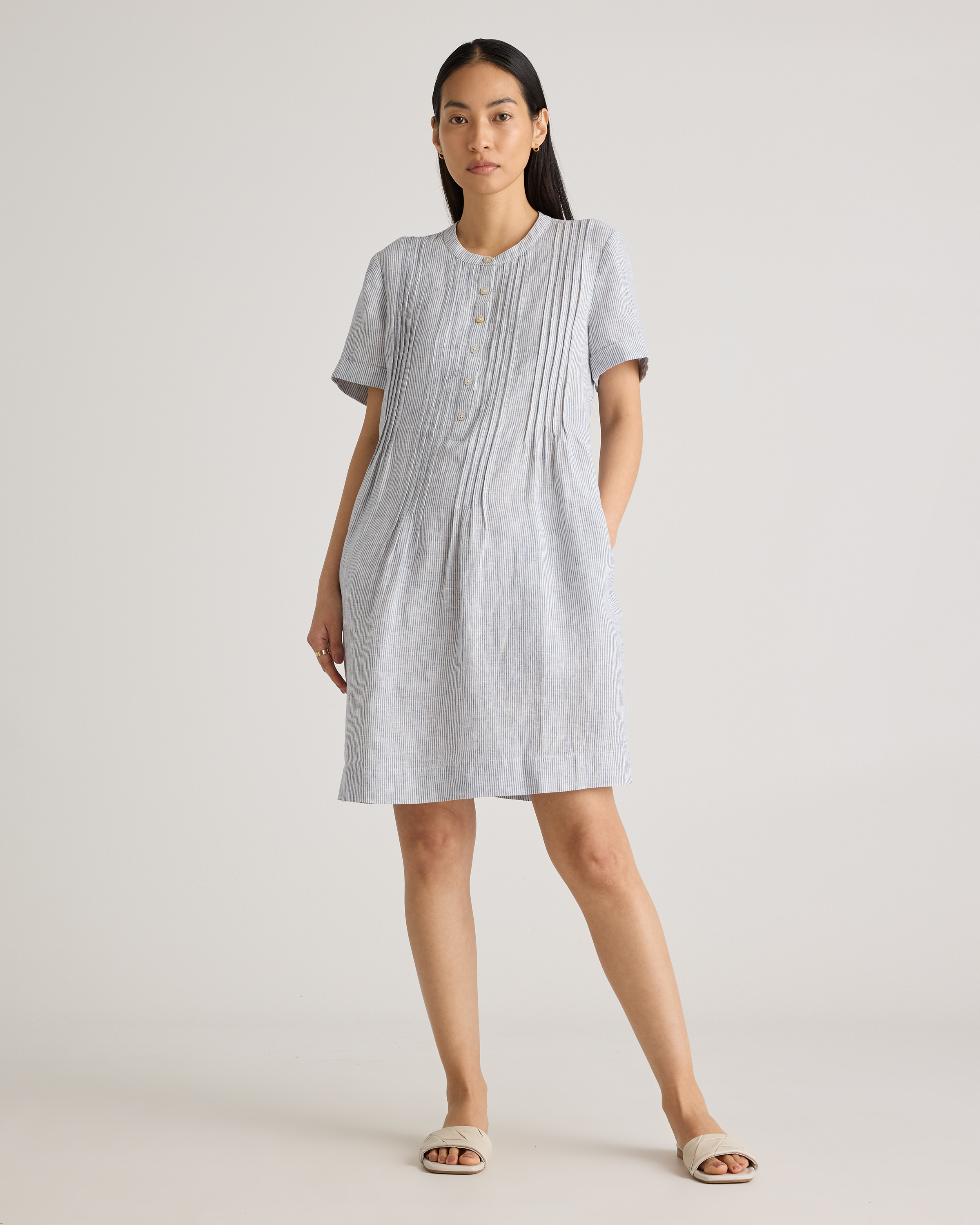 Shop Quince Women's 100% European Linen Short Sleeve Swing Dress In Blue Pinstripe