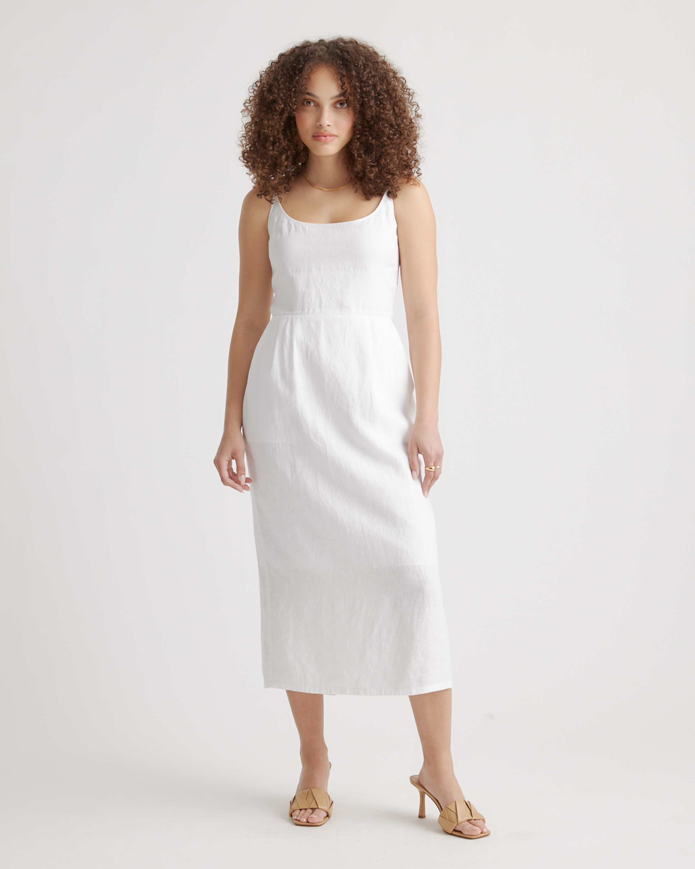 Quince Women's 100% European Linen Scoop Neck Midi Dress In White