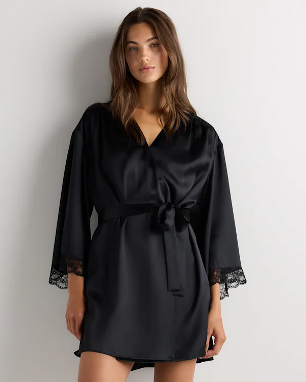 100% Washable Silk Satin Lace Trim Robe