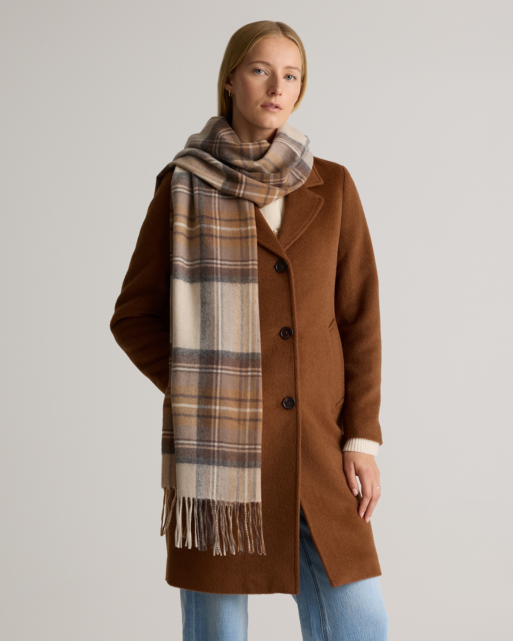 Mongolian Cashmere Tartan Scarf in Neutral Tartan