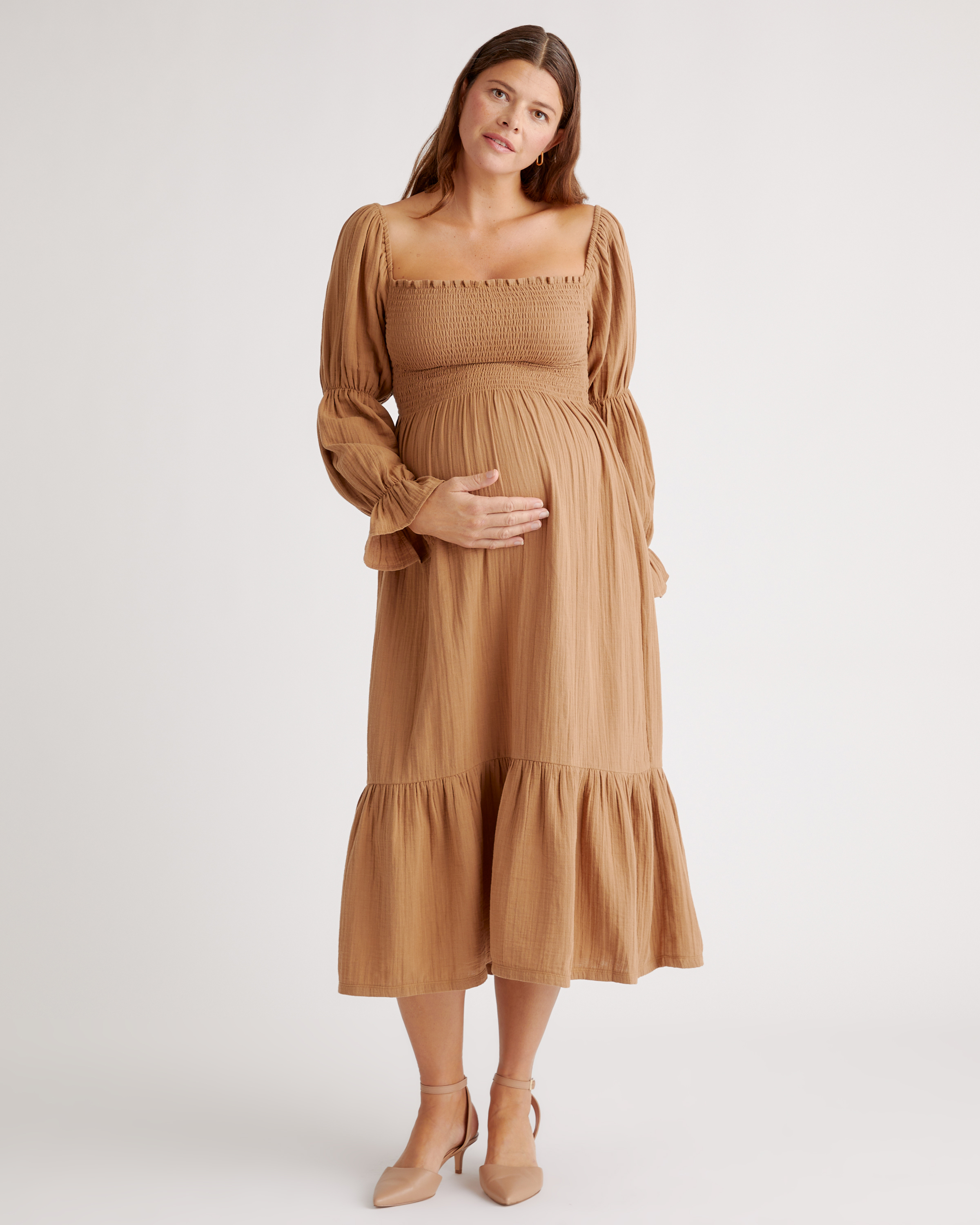 Organic Cotton Gauze Maternity Smocked Ruffle Hem Midi Dress