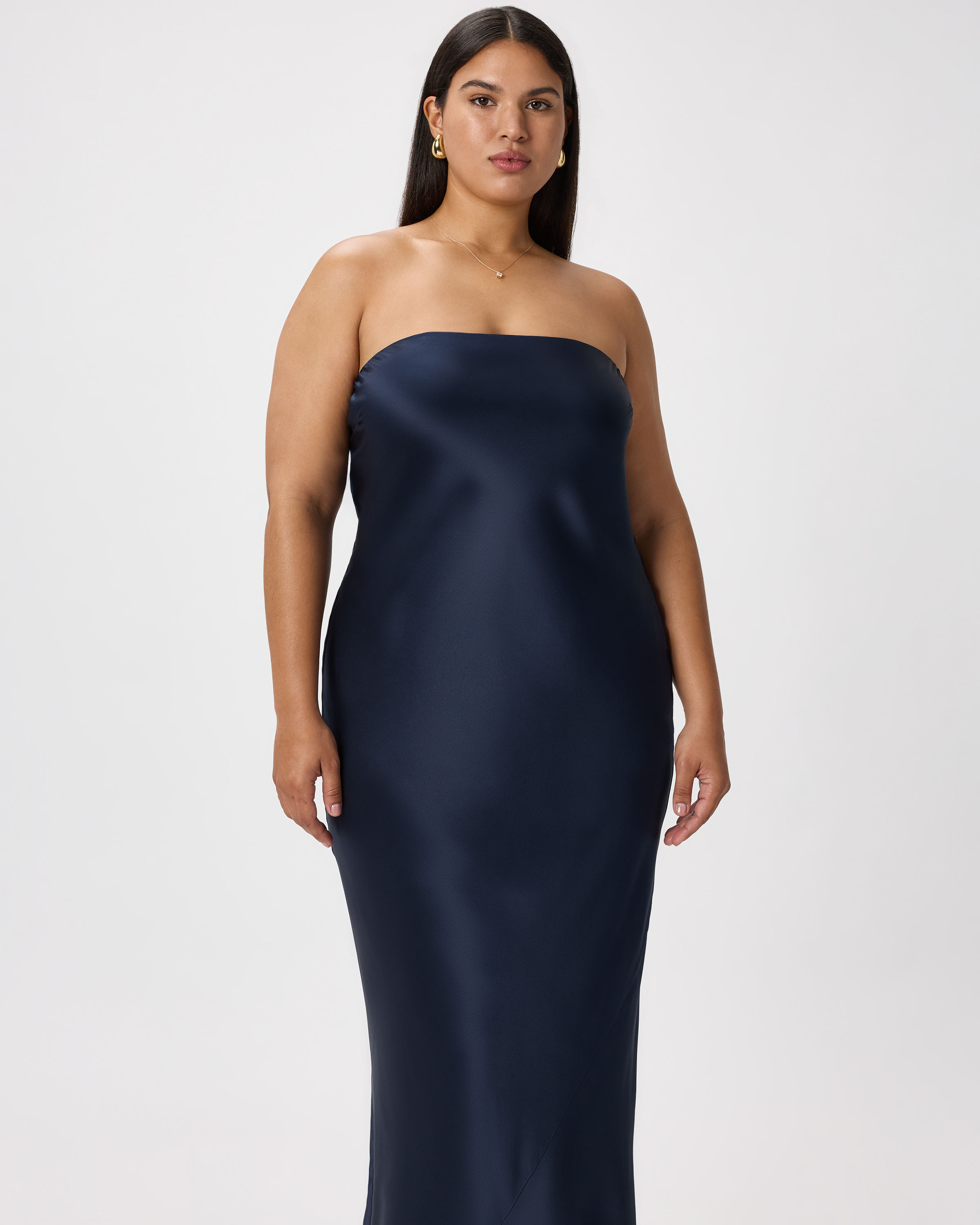 helaina midi dress - strapless a-line satin dress in navy Ailsa Navy Strapless Gown w/ High Slit