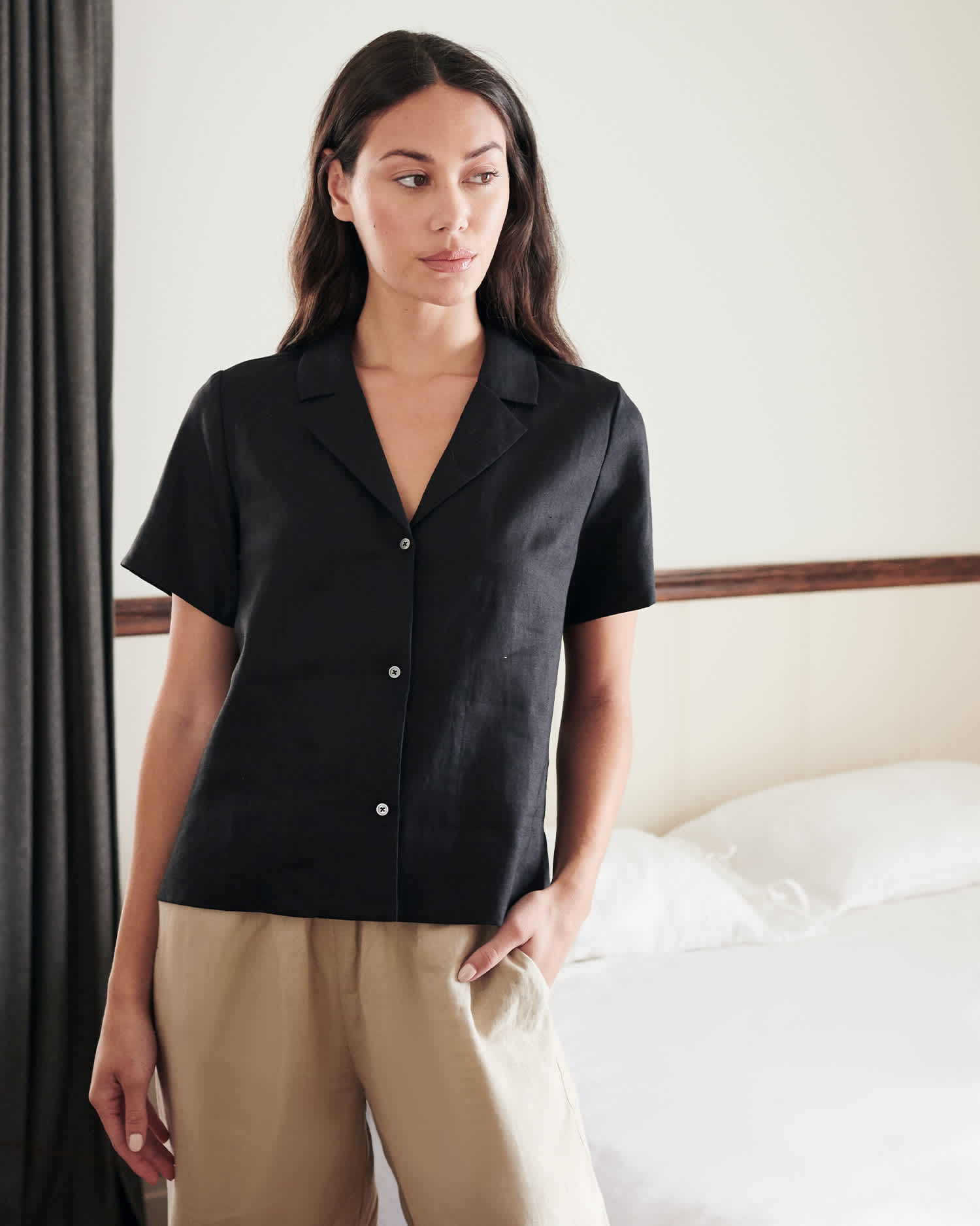 linen short sleeve shirt women black with linen pants 2