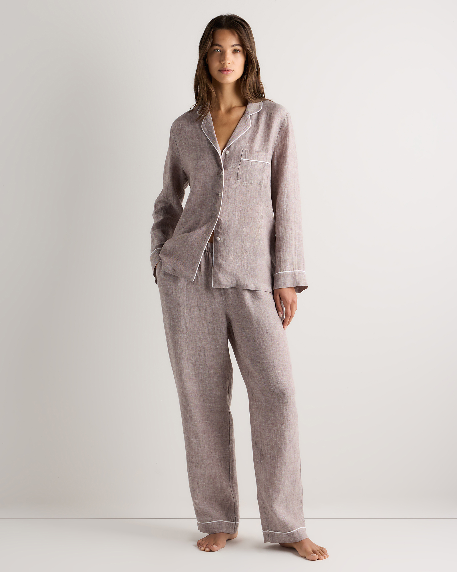100% European Linen Long Sleeve Pajama Set with Piping