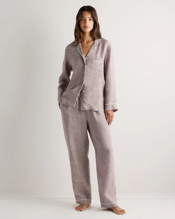 100% European Linen Long Sleeve Pajama Set with Piping