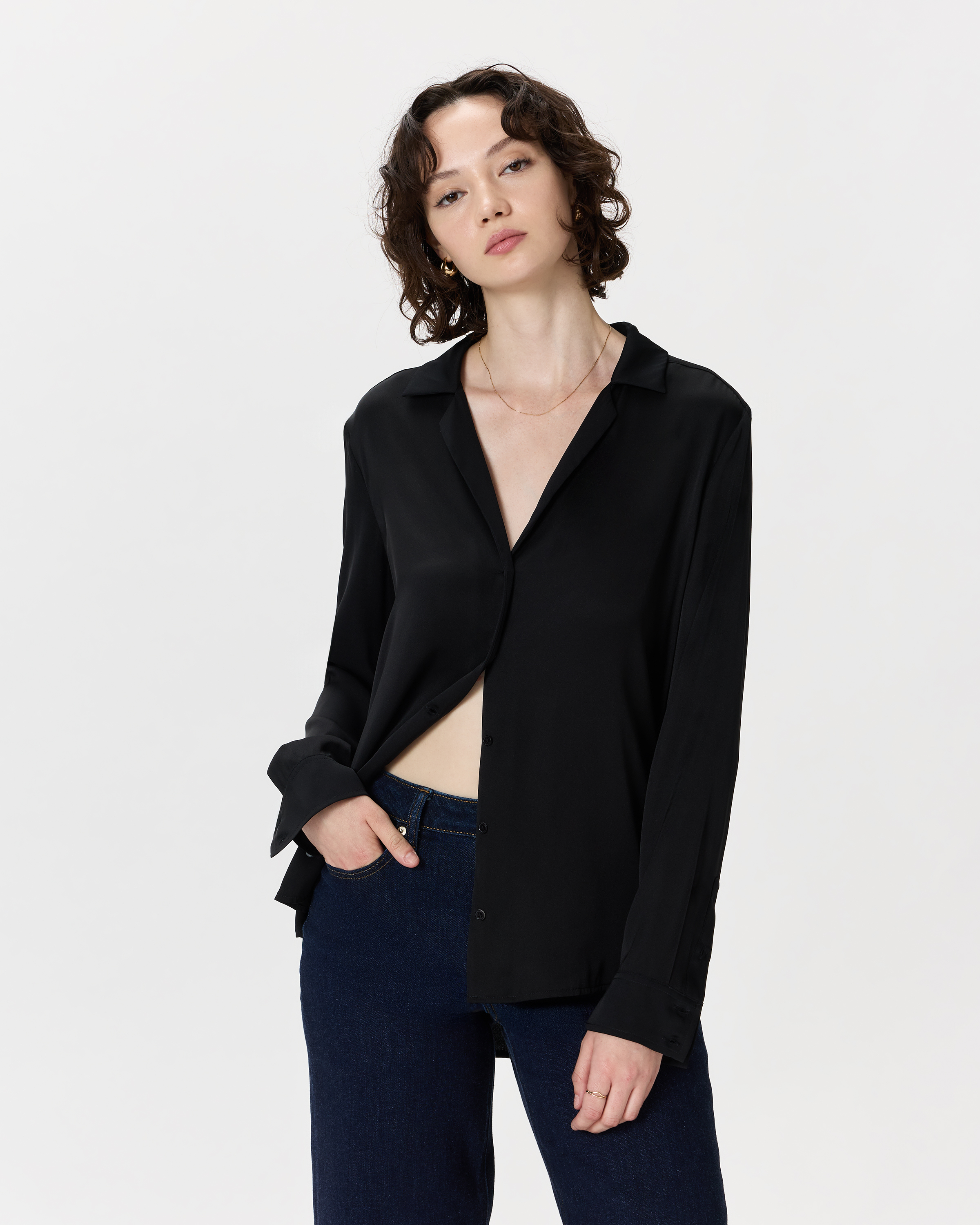 Washable Stretch Silk Notch Collar Blouse | Quince in Black