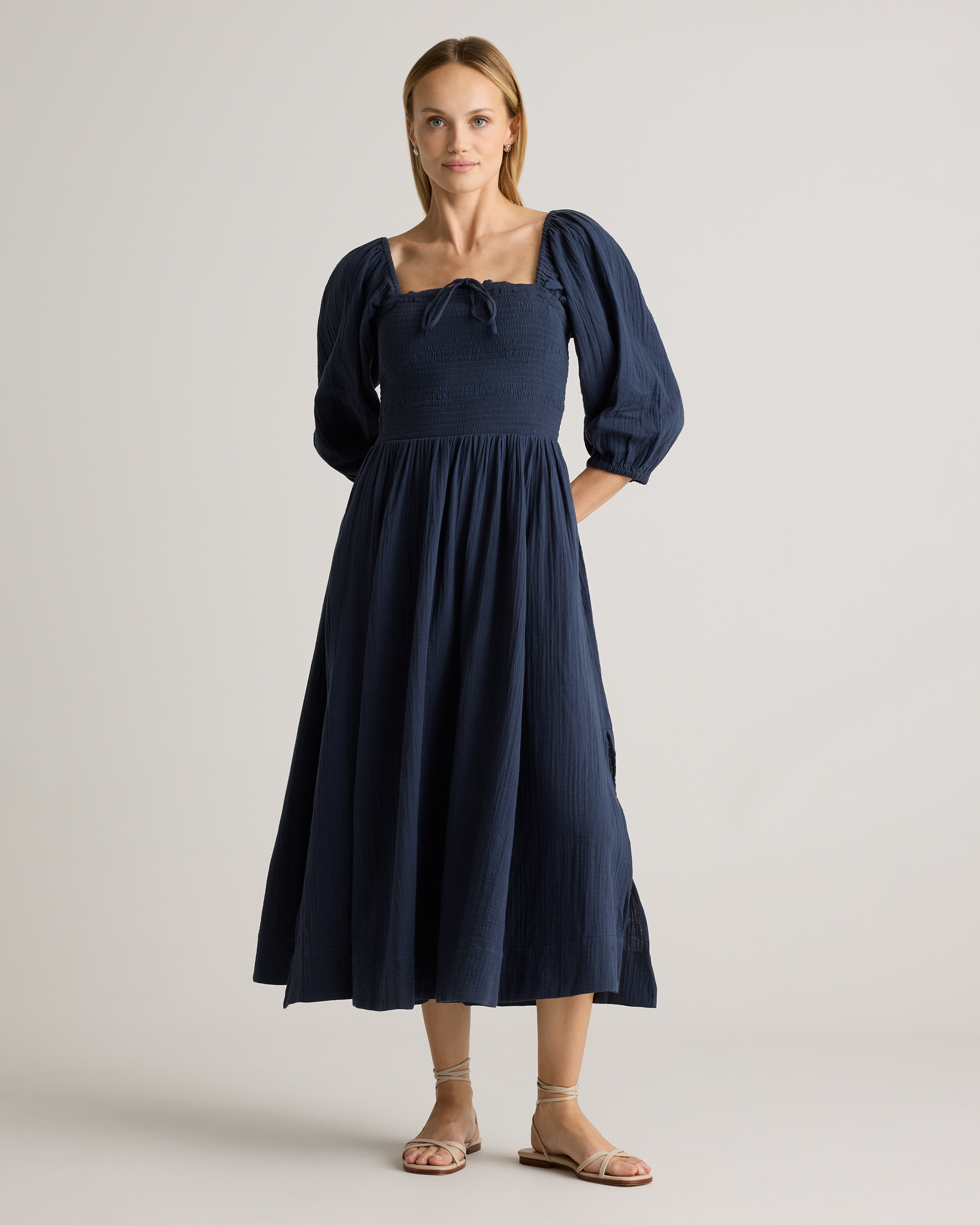 100% Organic Cotton Gauze Smocked Square Neck Midi Dress in White