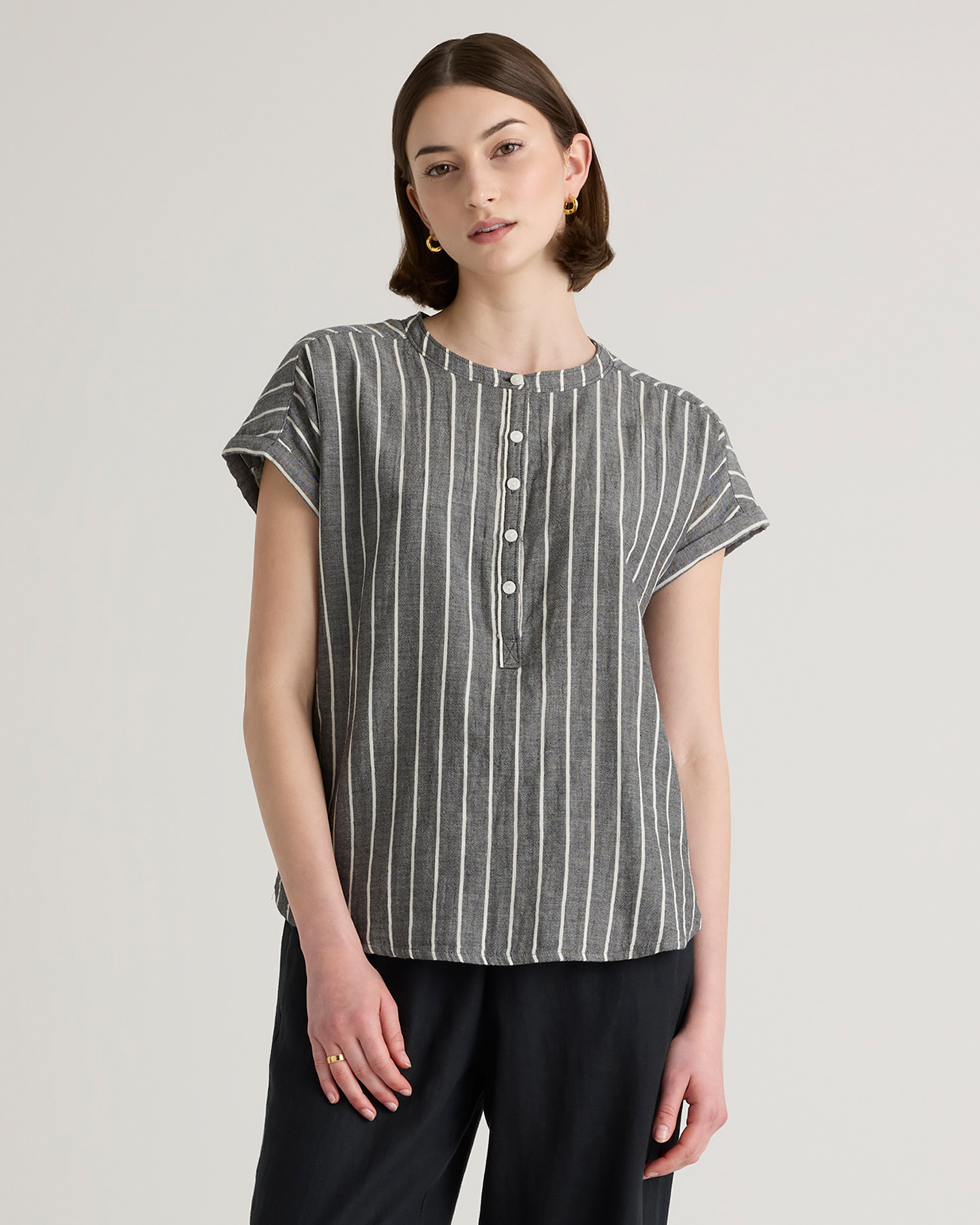 Shop Quince Women's Gauze Roll Sleeve Shirt In Faded Black / White Stripe