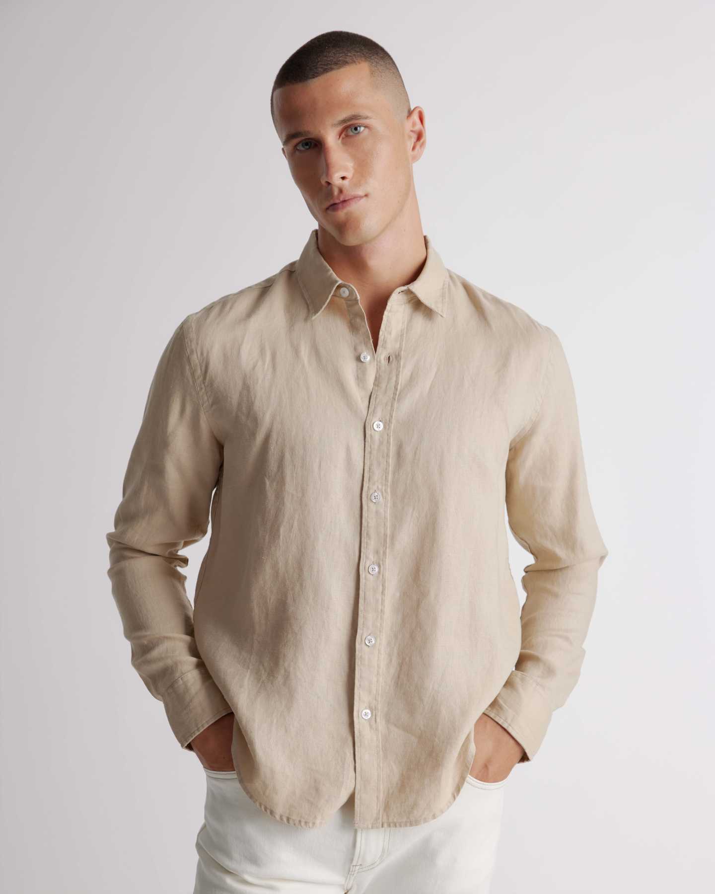 100% European Linen Long Sleeve Shirt - White