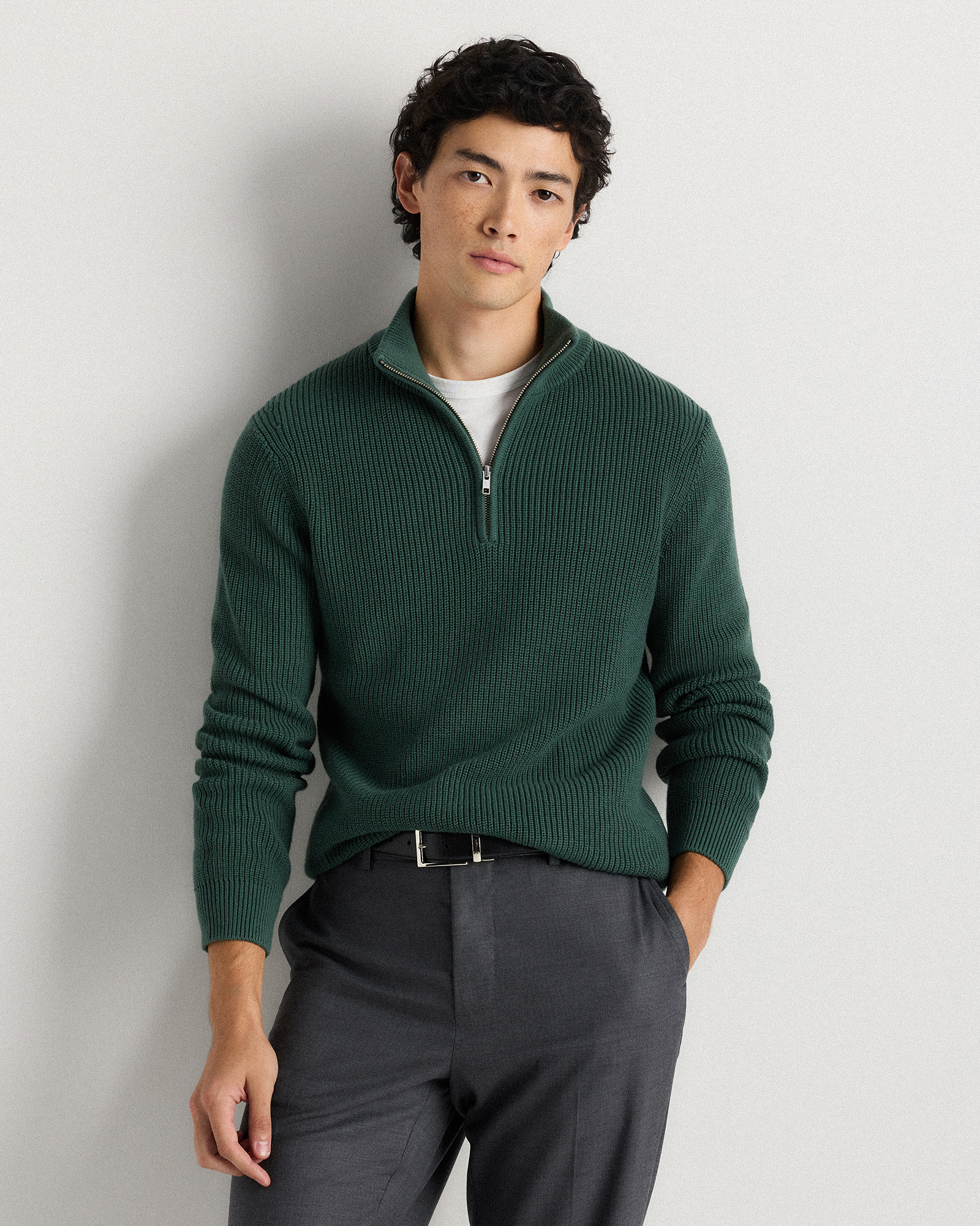 Men's 100% Organic Cotton Ribbed Quarter-Zip Sweater in Charcoal