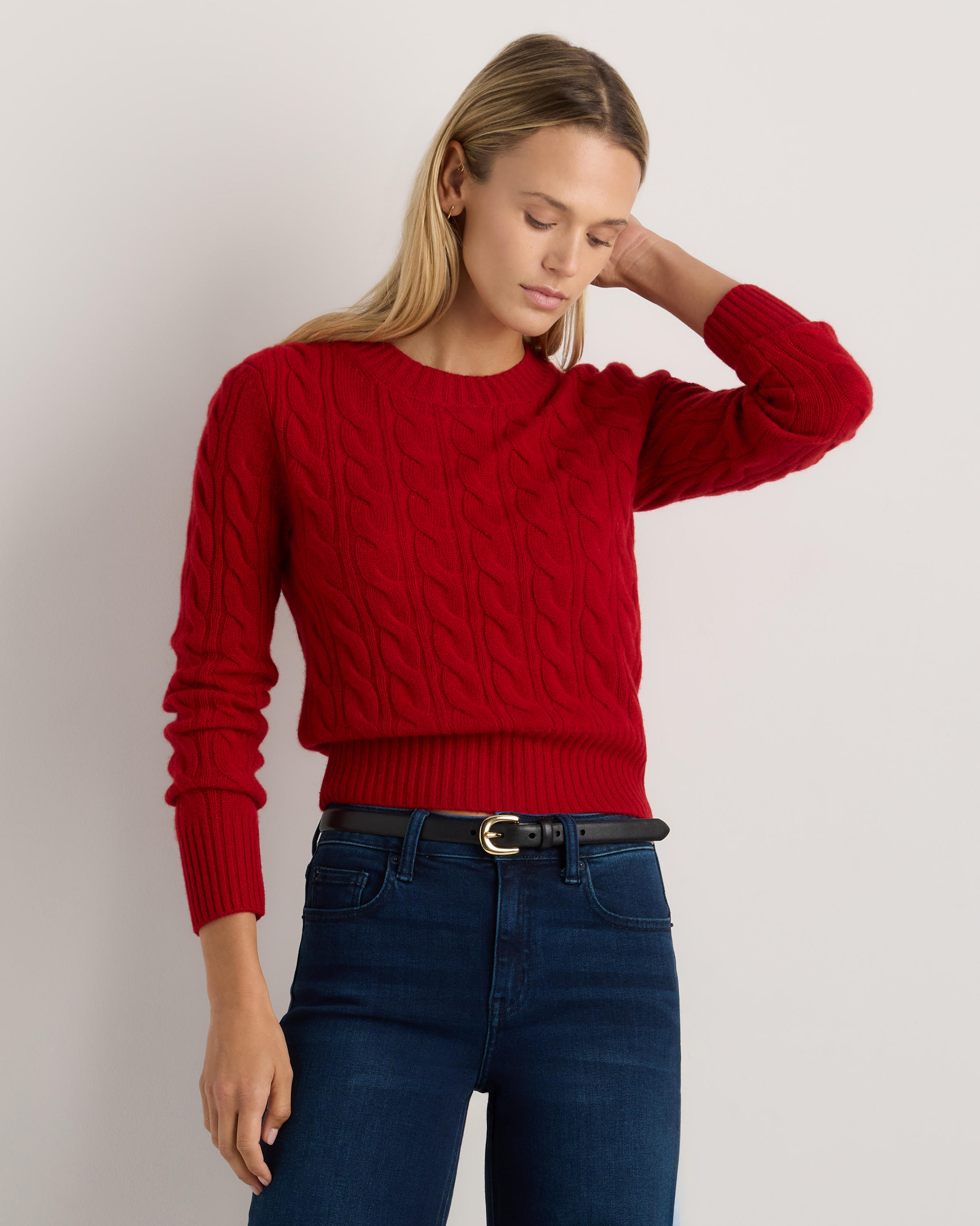 Mongolian Cashmere Shrunken Cable Crewneck Sweater in Varsity Red