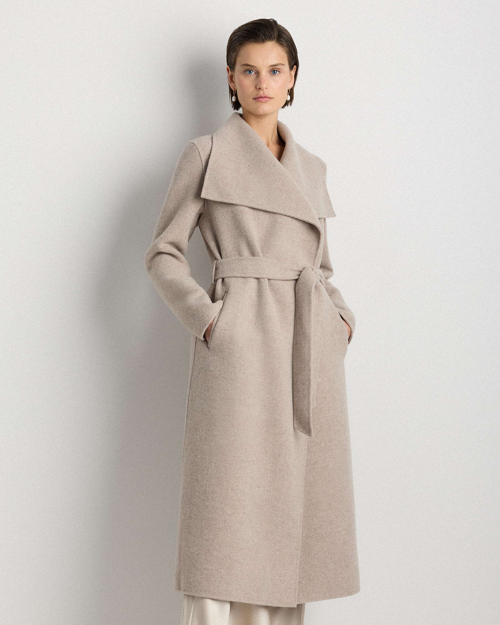 Double-Faced Merino Wool Draped Collar Wrap Coat in Cocoa Melange