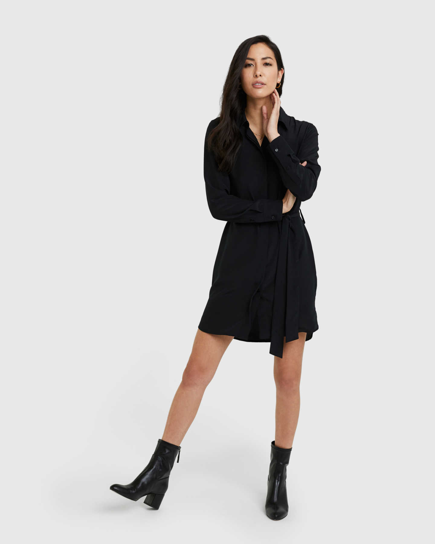 Washable Stretch Silk Shirt Dress - Black - 0