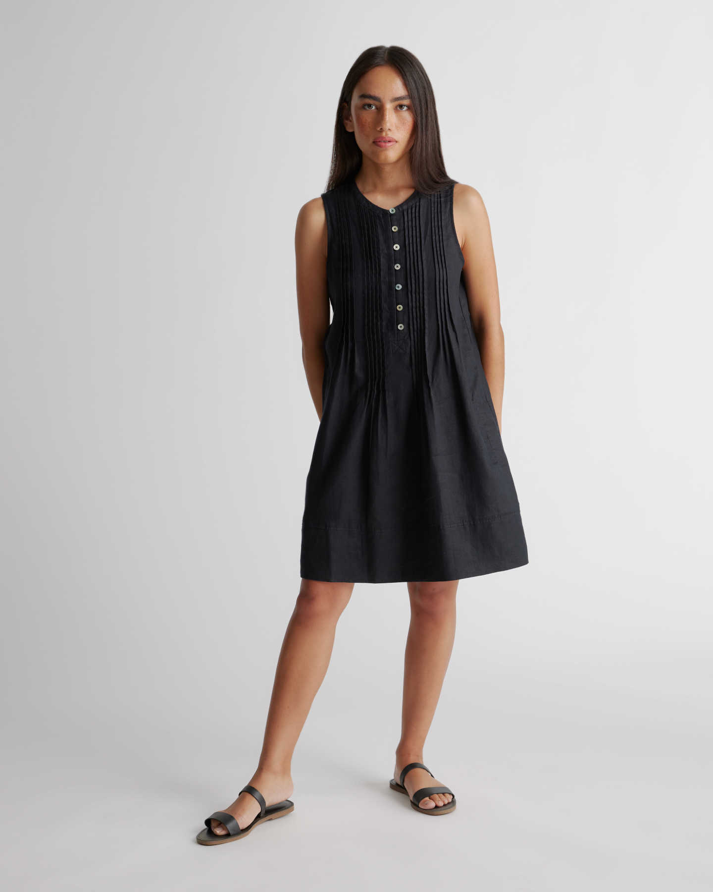 100% European Linen Sleeveless Swing Dress - Black - 6 - Thumbnail