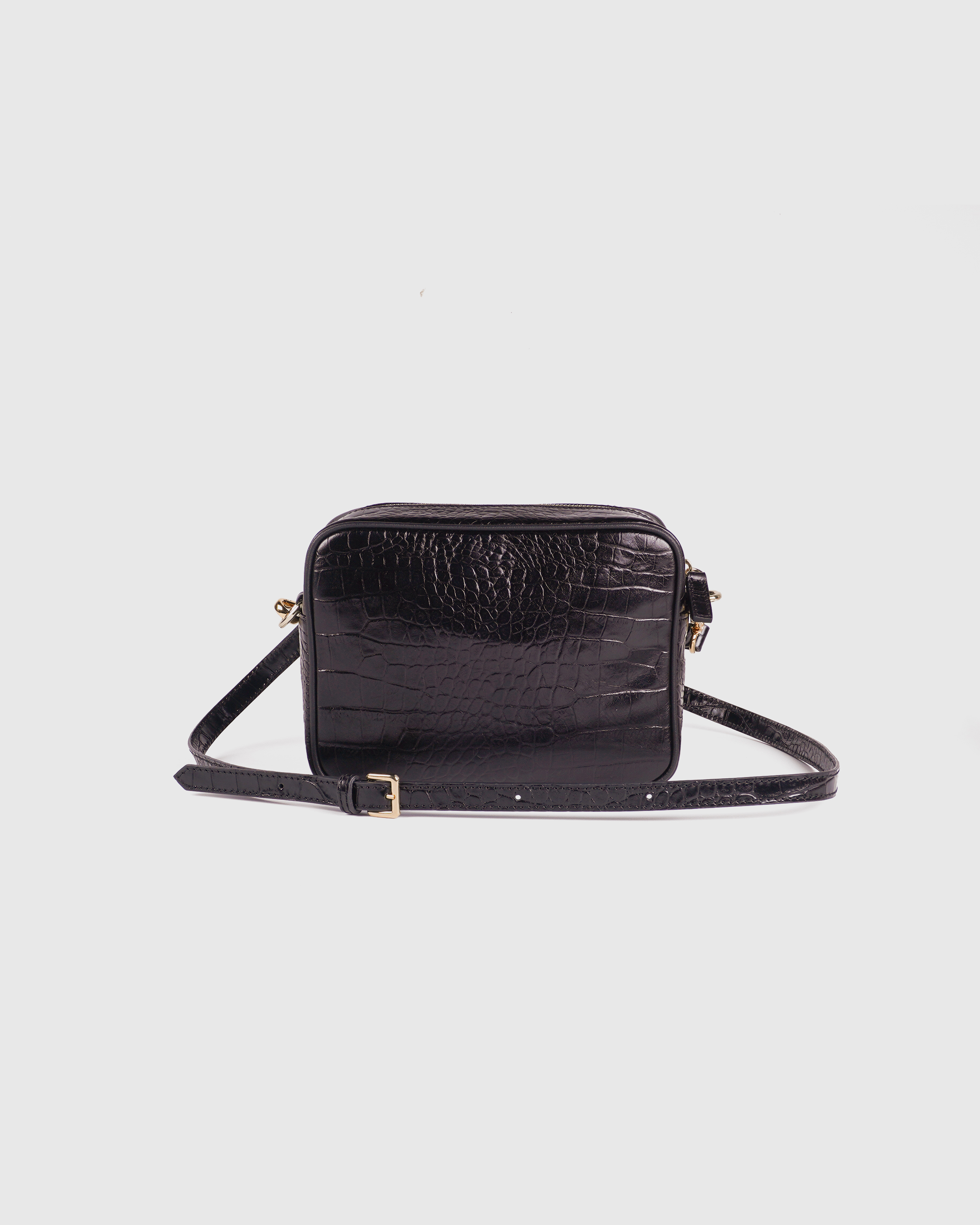 Quince Italian Leather Black crocodile print crossbody‎ bag with gold hardware Italian Leather Quilted Convertible Crossbody in Black/Gold main image 3