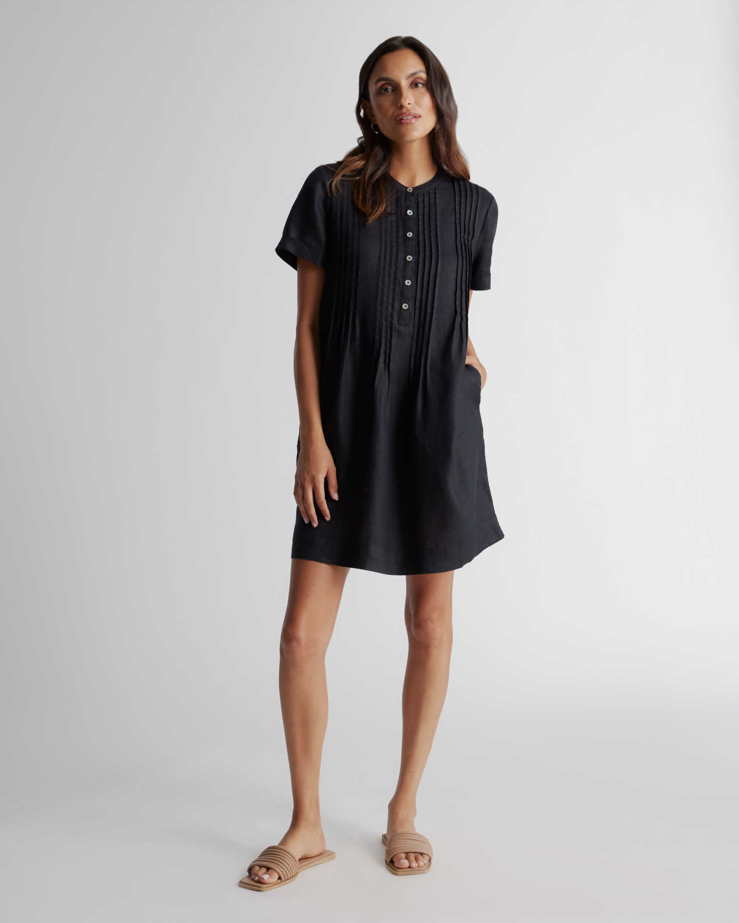 100% European Linen Short Sleeve Swing Dress  - Black