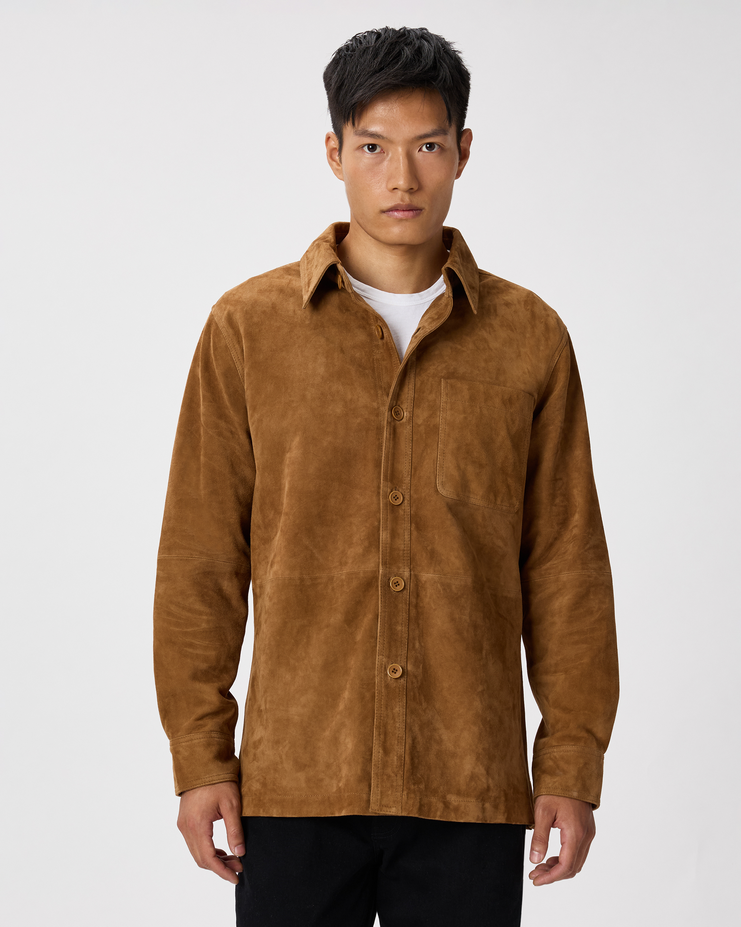 100% Suede Overshirt in Dark Chestnut Brown