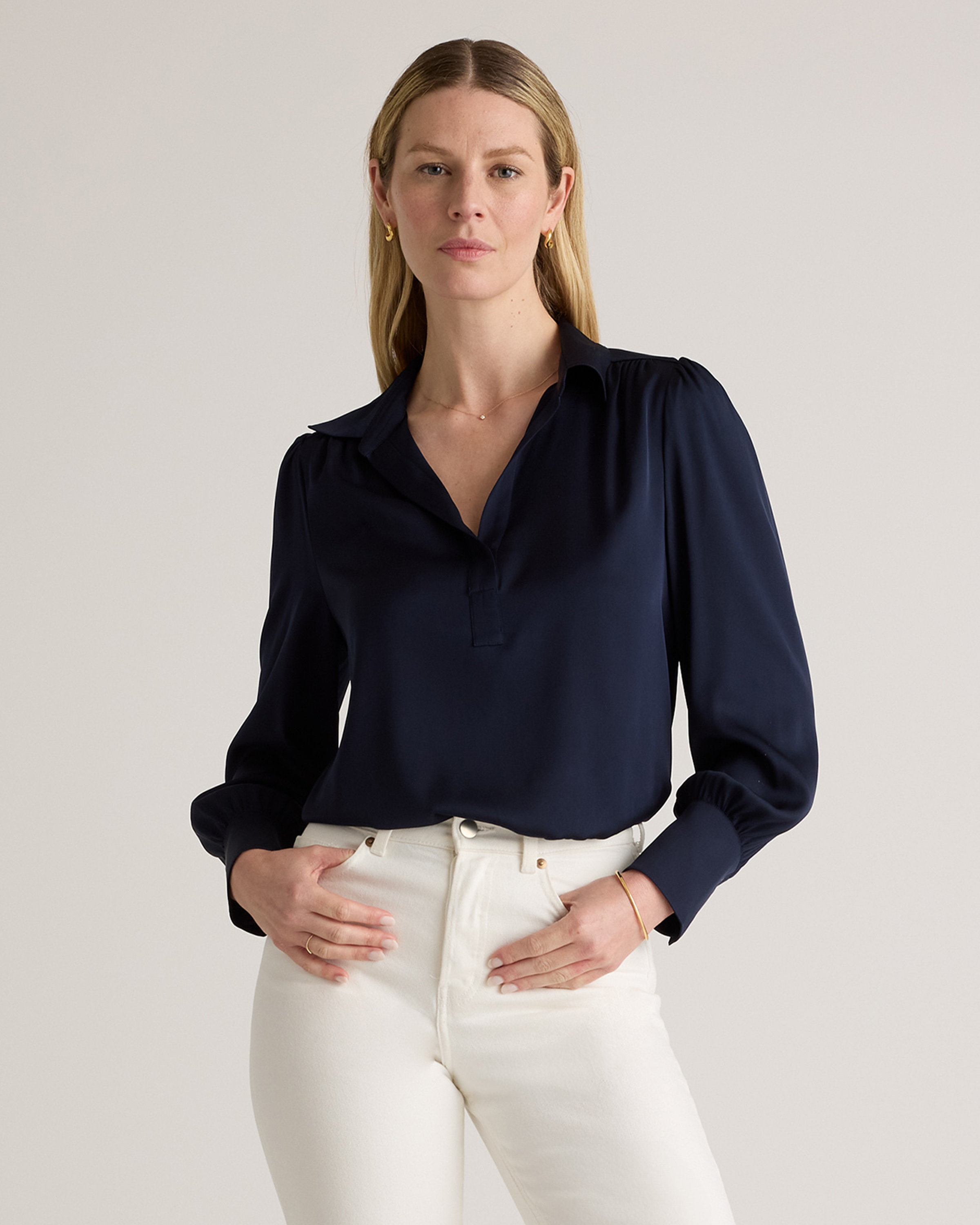 Quince Women's Washable Stretch Silk Split Neck Blouse In Navy