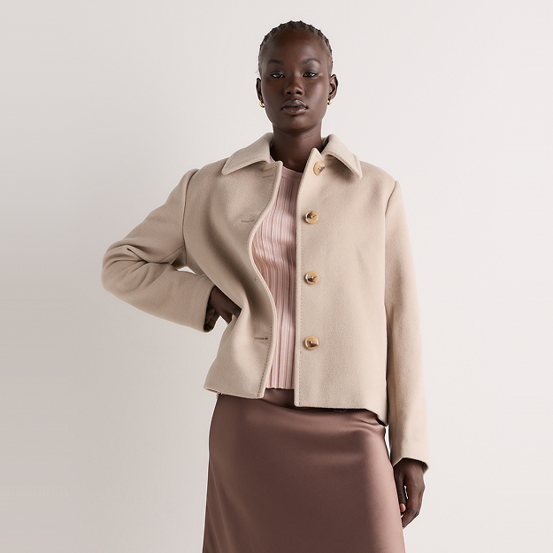 Double-Faced Merino Wool Draped Collar Short Wrap Coat in Oat