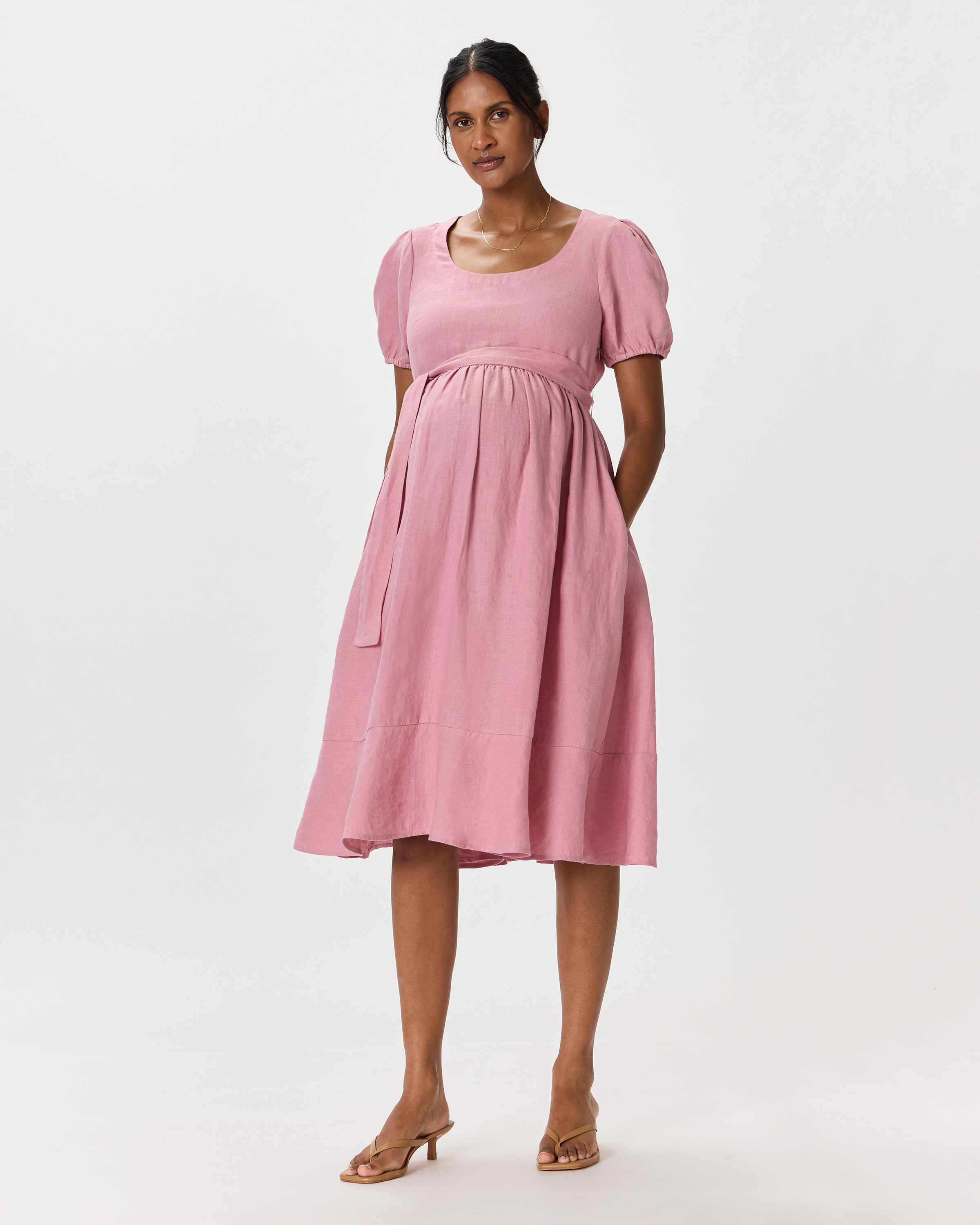 100% European Linen Maternity Short Sleeve Midi Dress 