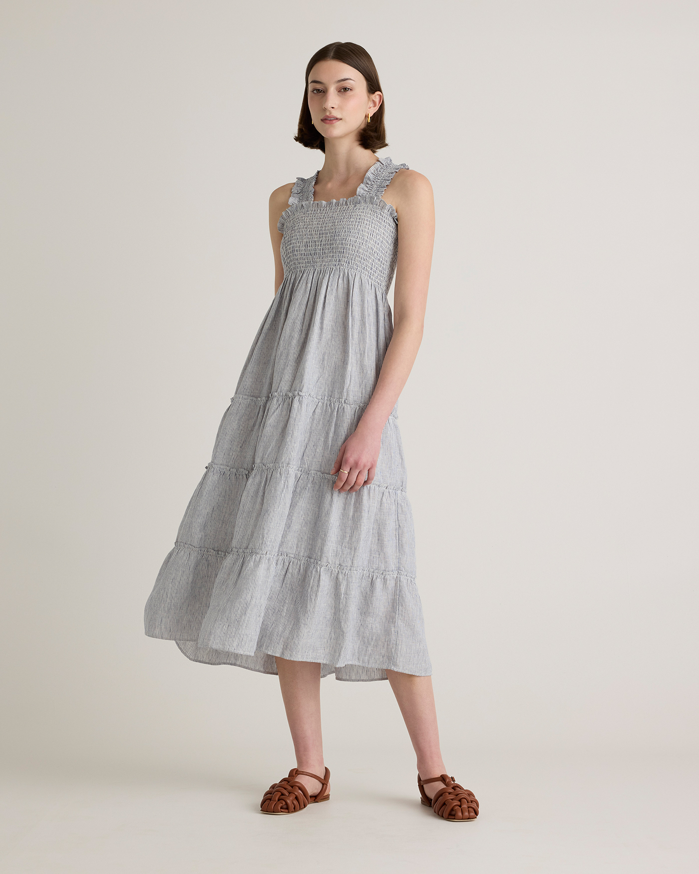 Shop Quince Women's 100% European Linen Smocked Midi Dress In Blue Pinstripe