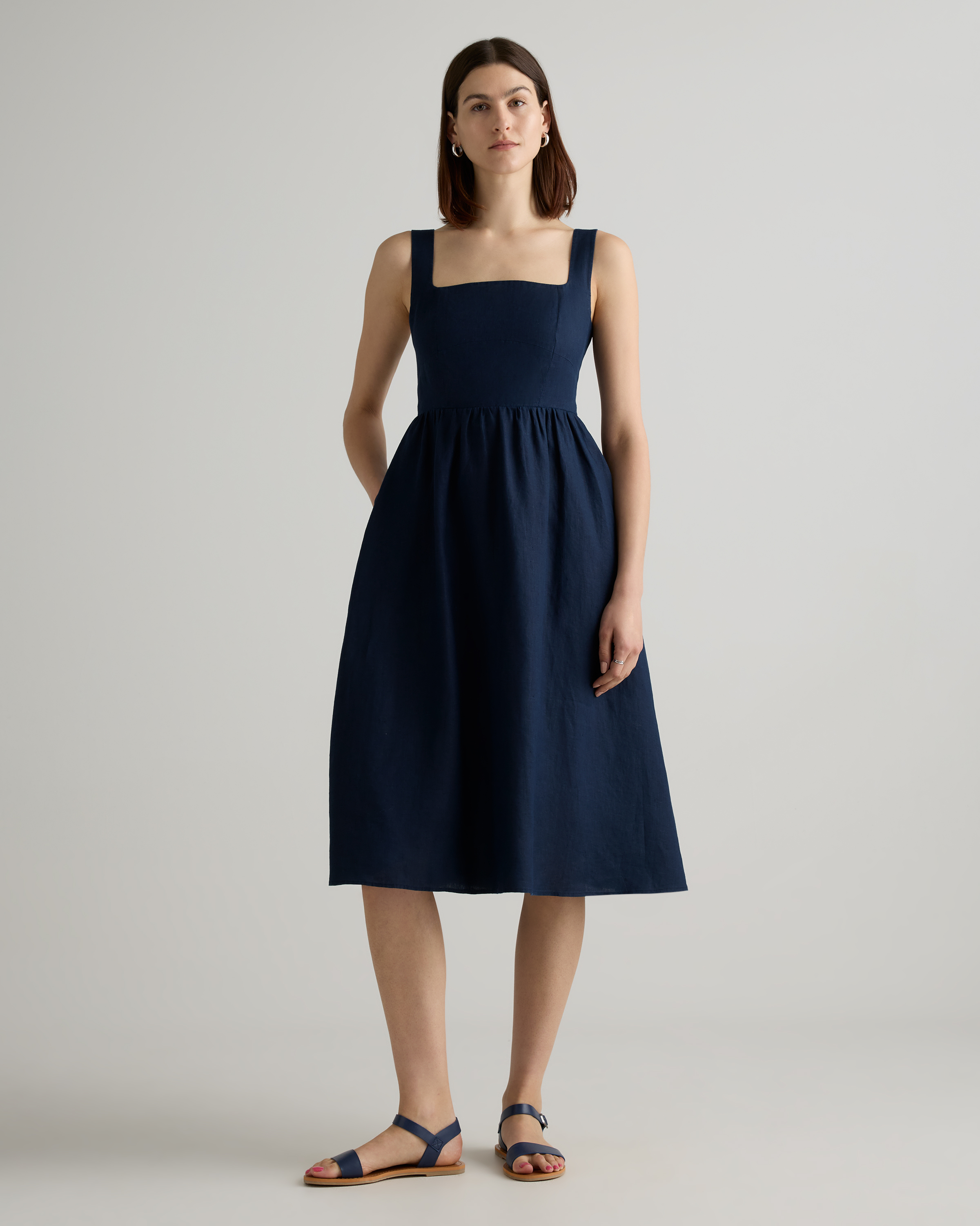 100% European Linen Fit & Flare Midi Dress in Floral Waterfall