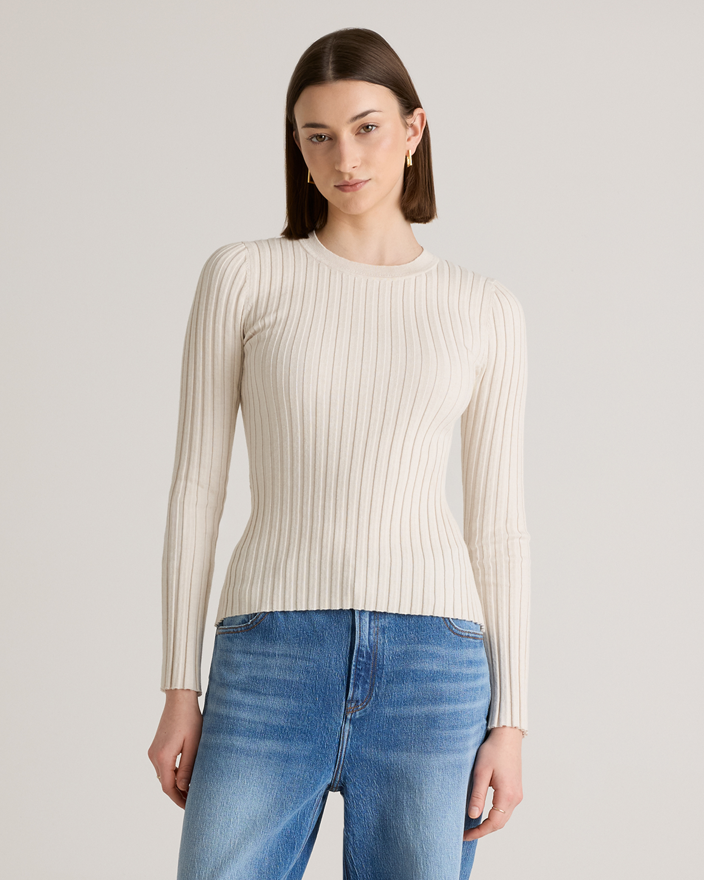 Cotton Cashmere Ribbed Long Sleeve Sweater 