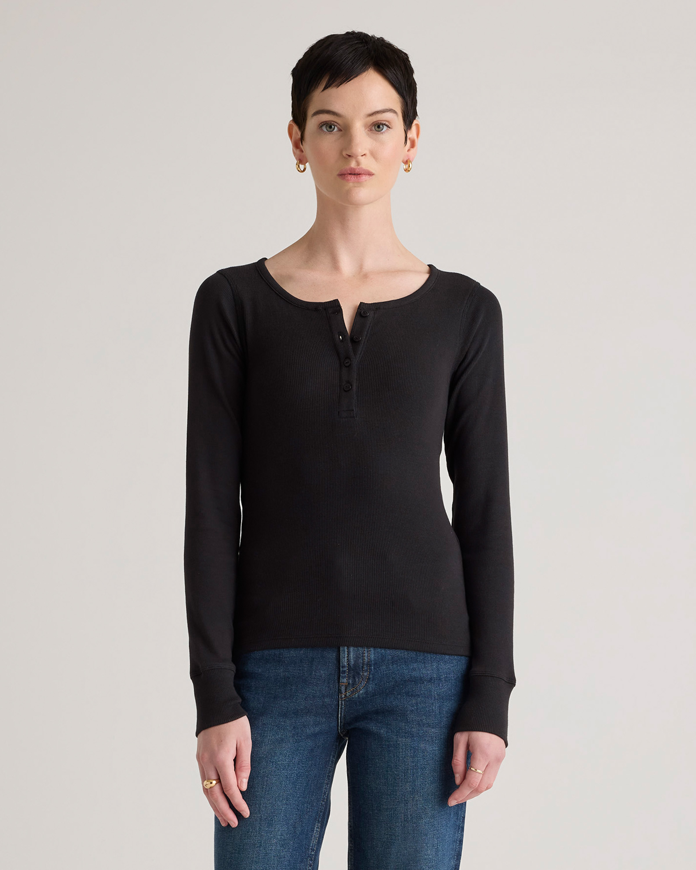 Shop Quince Women's Micro-rib Henley Long Sleeve T-shirt In Black