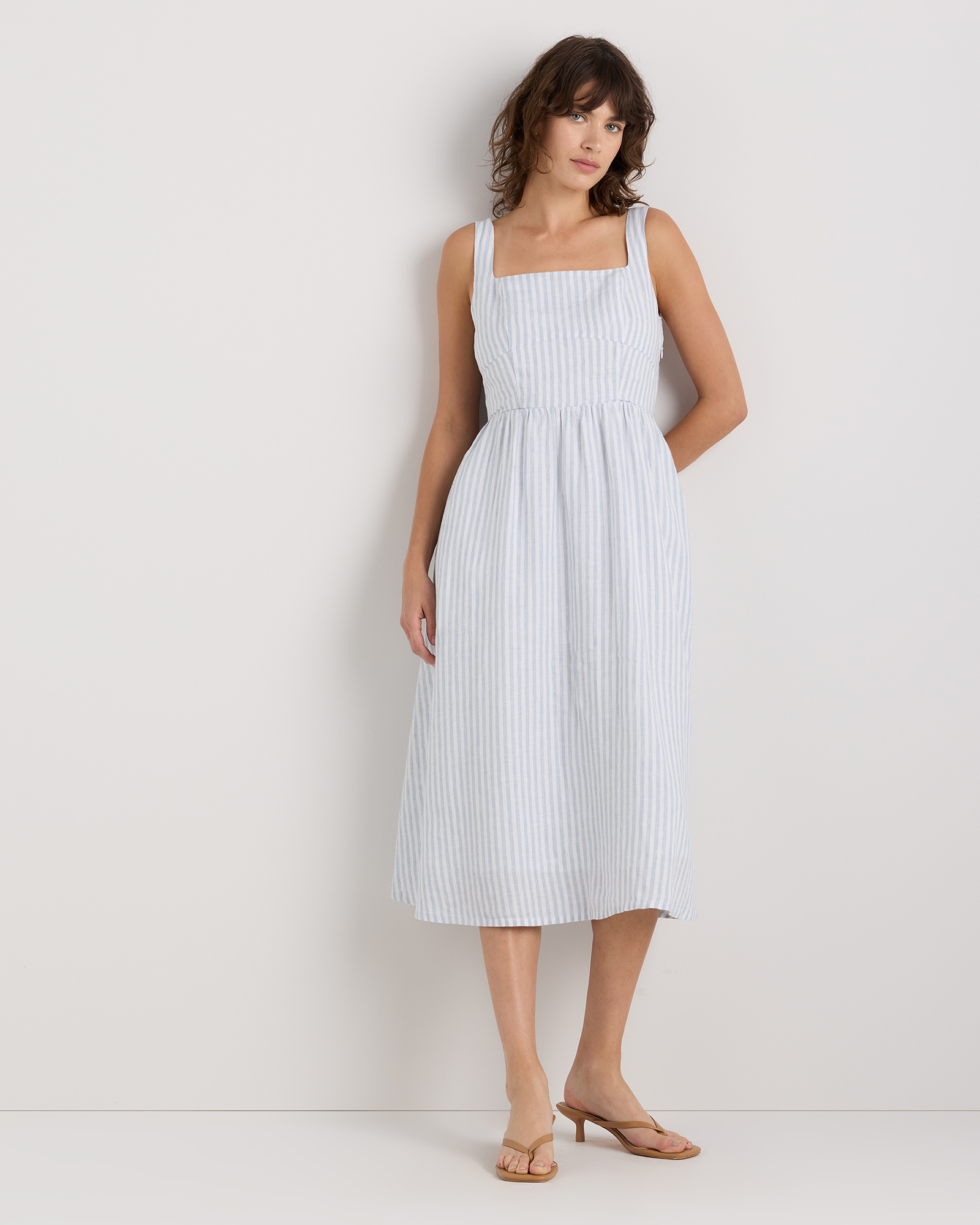 Women's 100% European Linen Fit & Flare Midi Dress in Blue Pinstripe, Size Medium by Quince