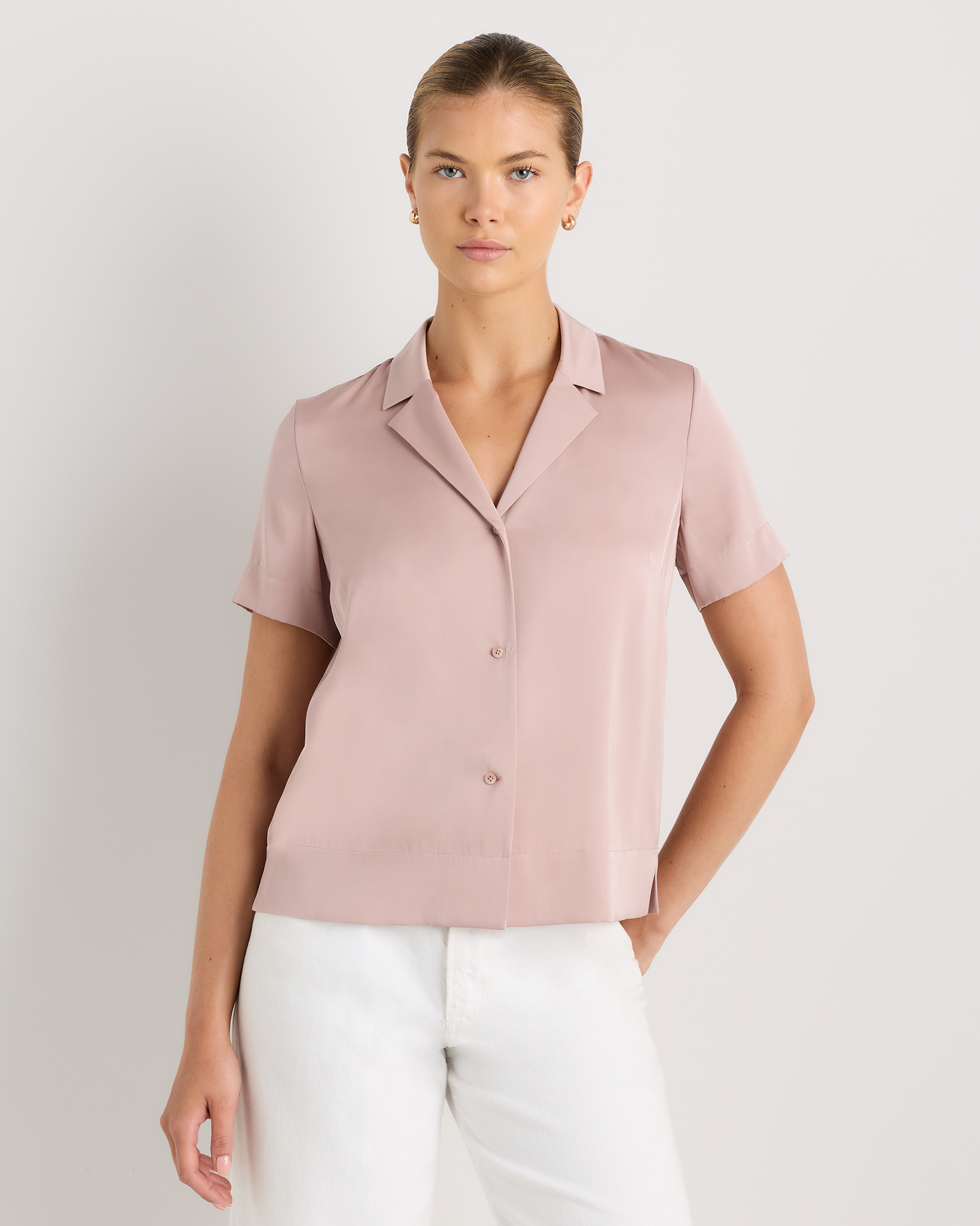 Washable Stretch Silk Short Sleeve Notch Collar Blouse