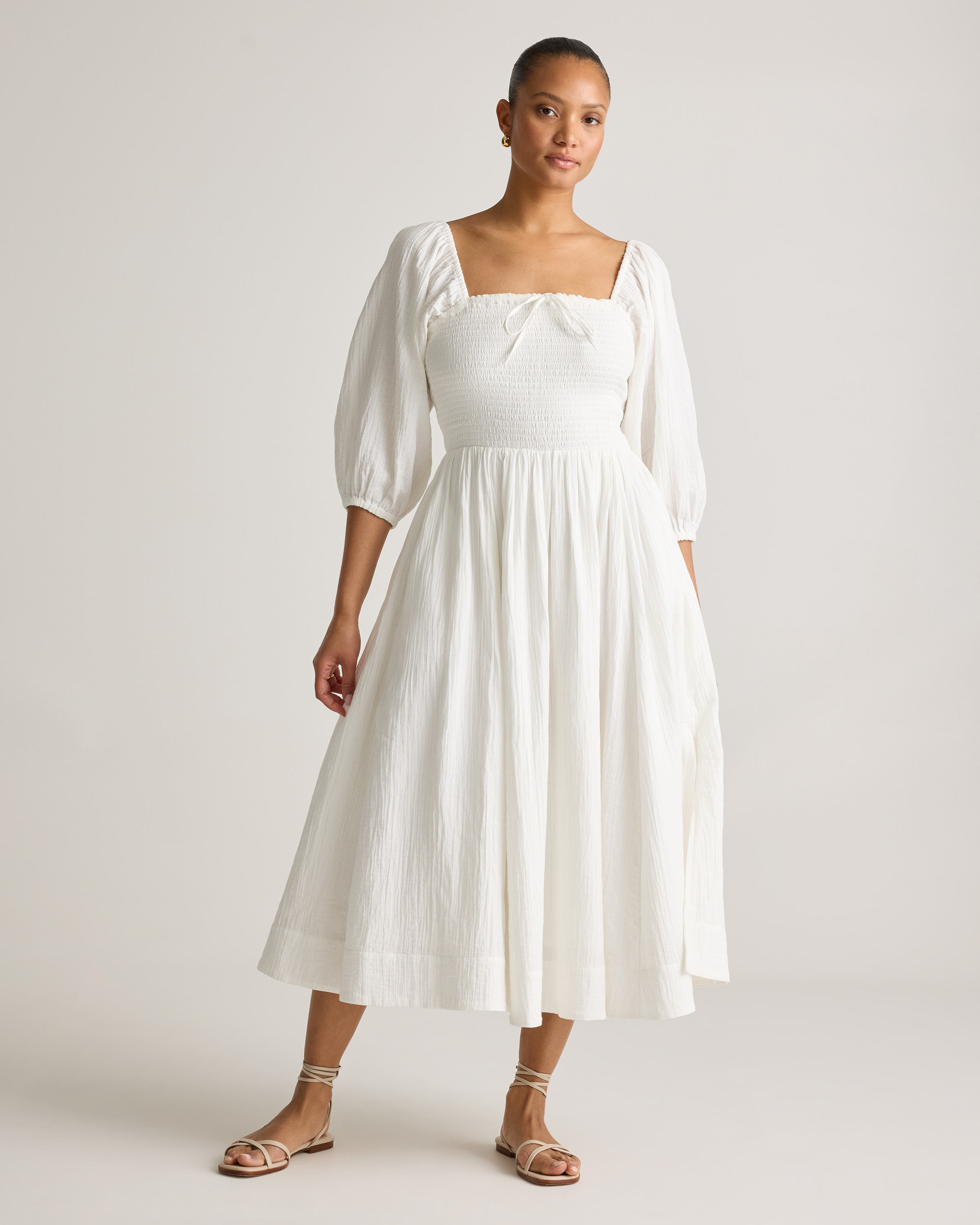 100% Organic Cotton Gauze Smocked Square Neck Midi Dress