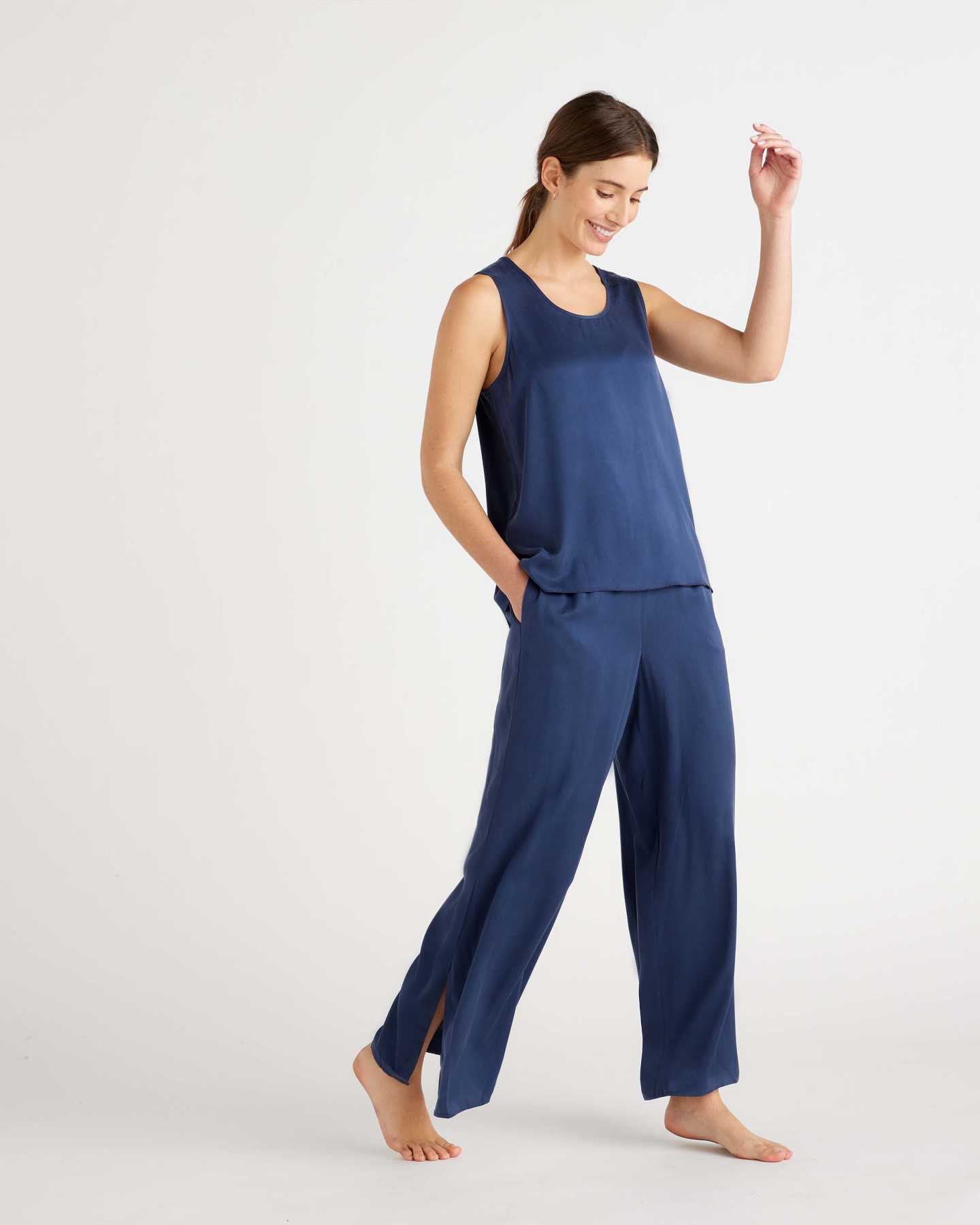 100% Washable Silk Tank & Pants Pajama Set - Indigo - 1 - Thumbnail
