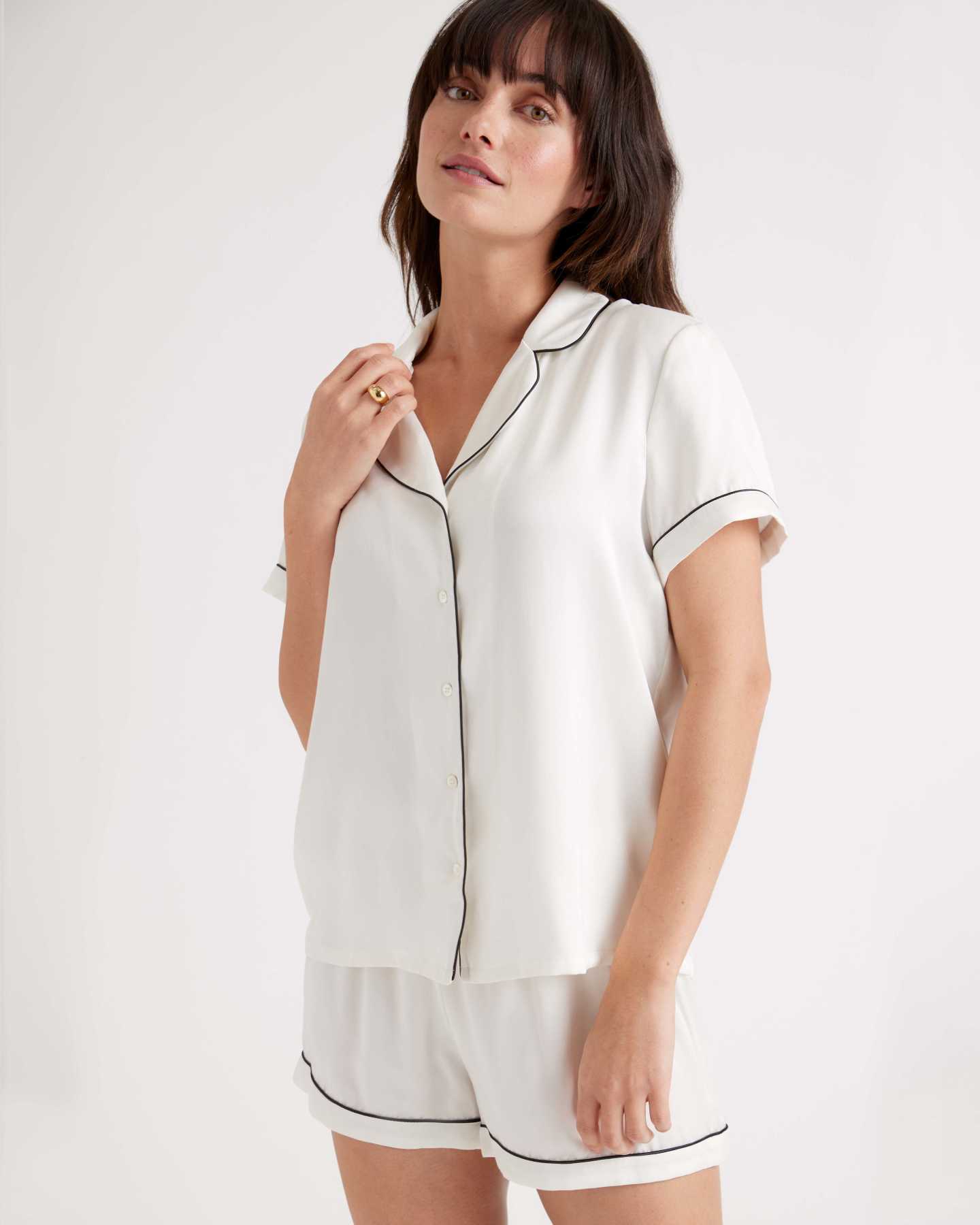 100% Washable Silk Pajama Set with Piping - Ivory - 1 - Thumbnail