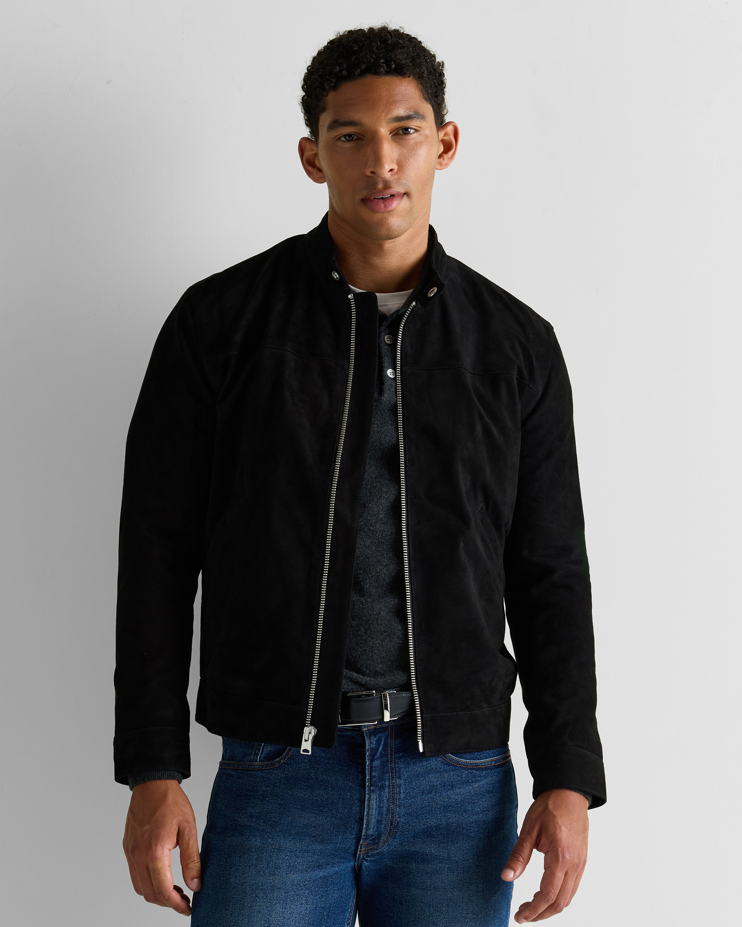 100% Suede Café Racer Jacket in True Black