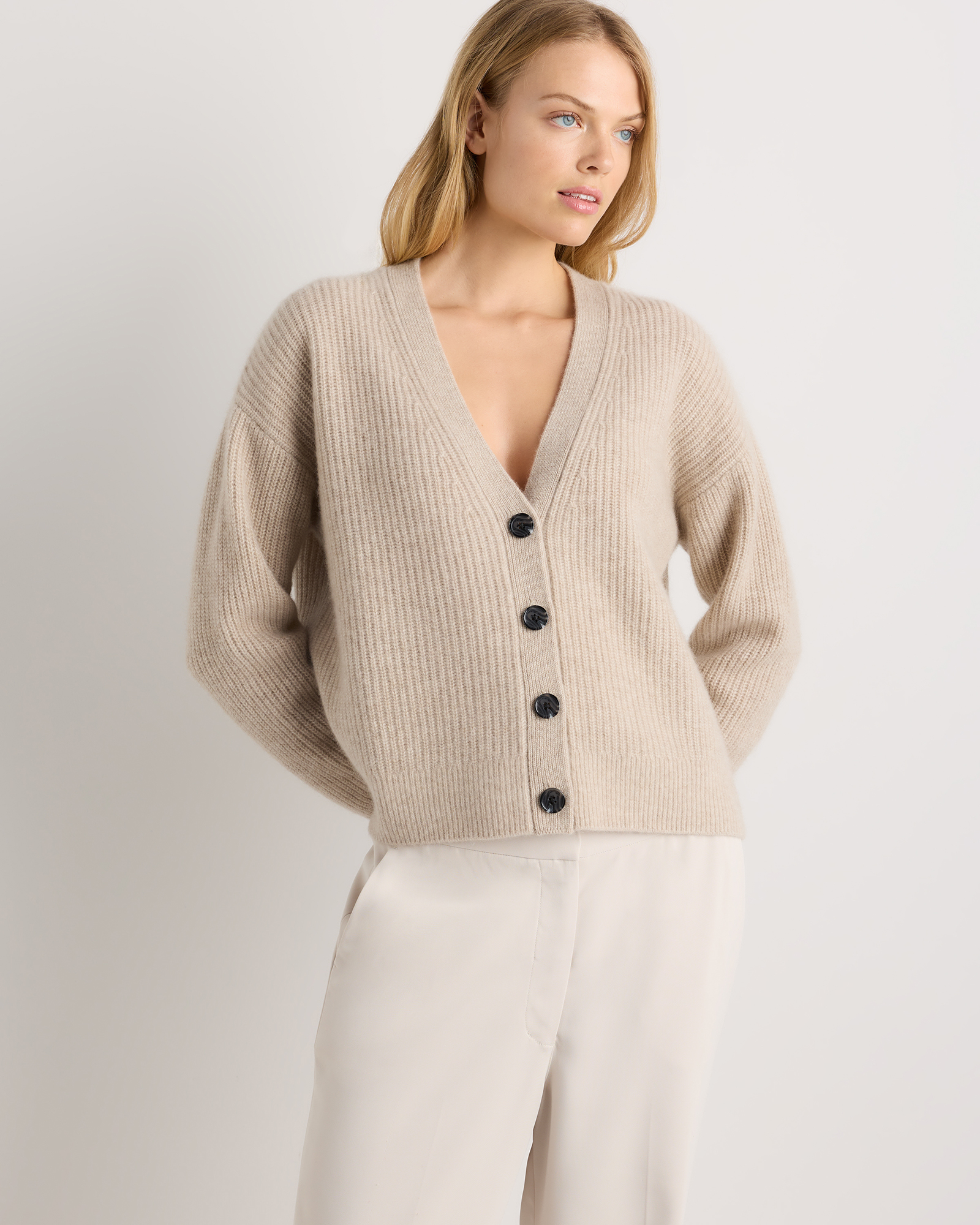 Mongolian Cashmere Fisherman Boxy Cropped Cardigan Sweater