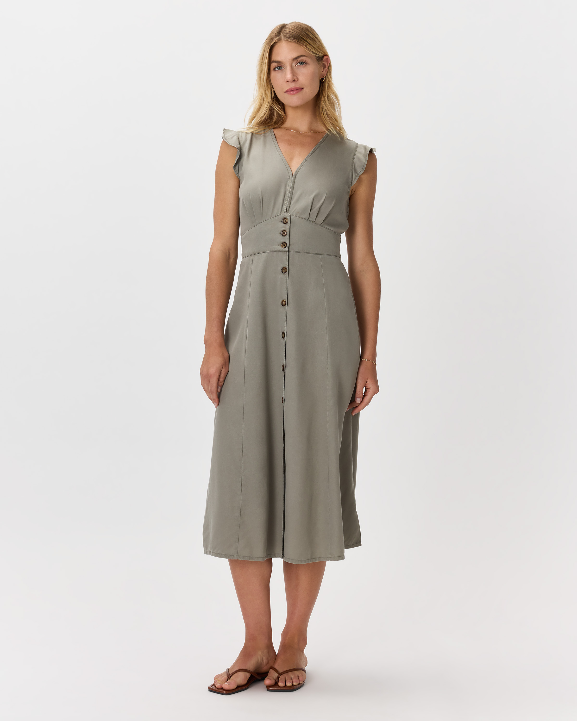 Vintage Wash Tencel Button Front Midi Dress