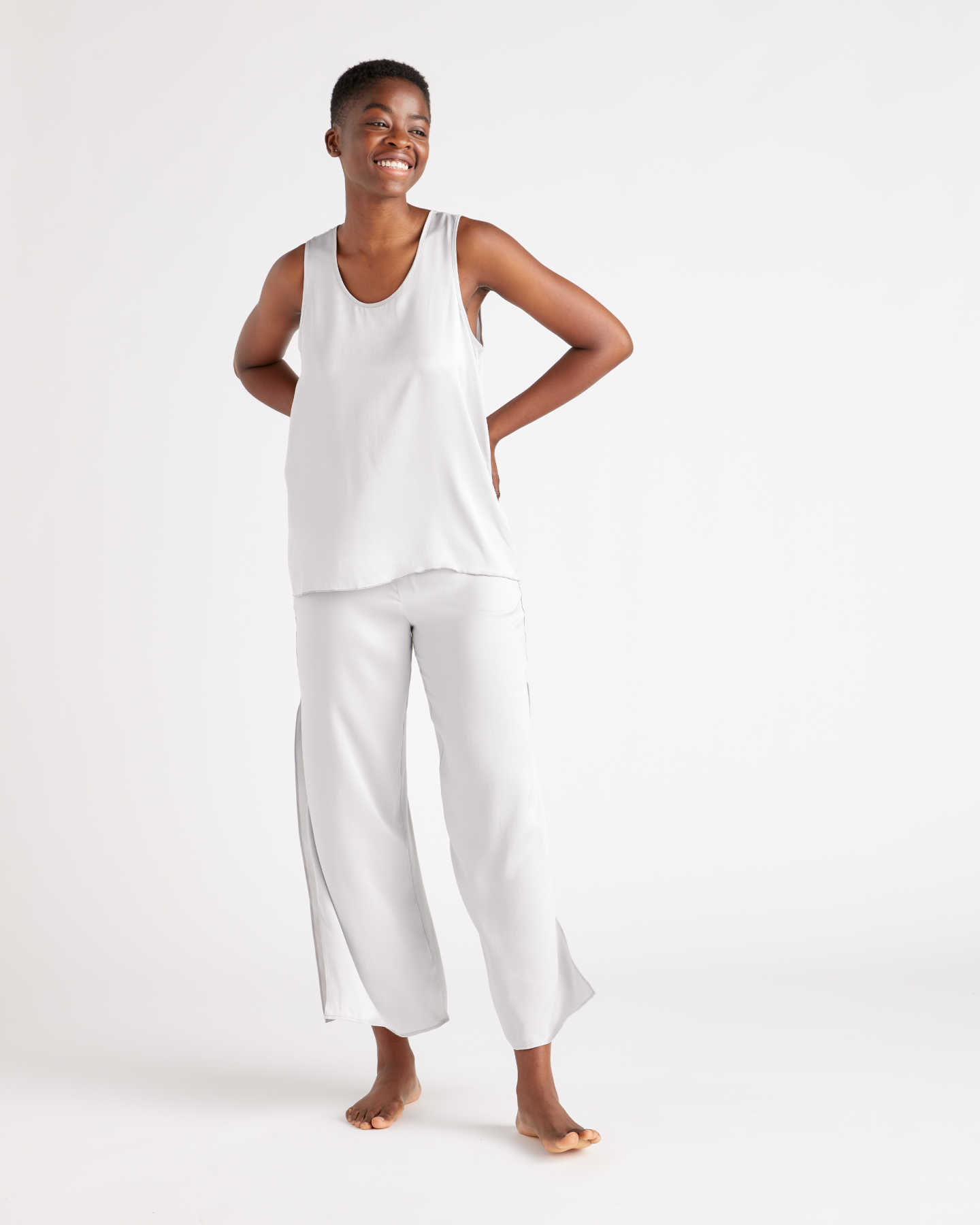 100% Washable Silk Tank & Pants Pajama Set - Light Grey