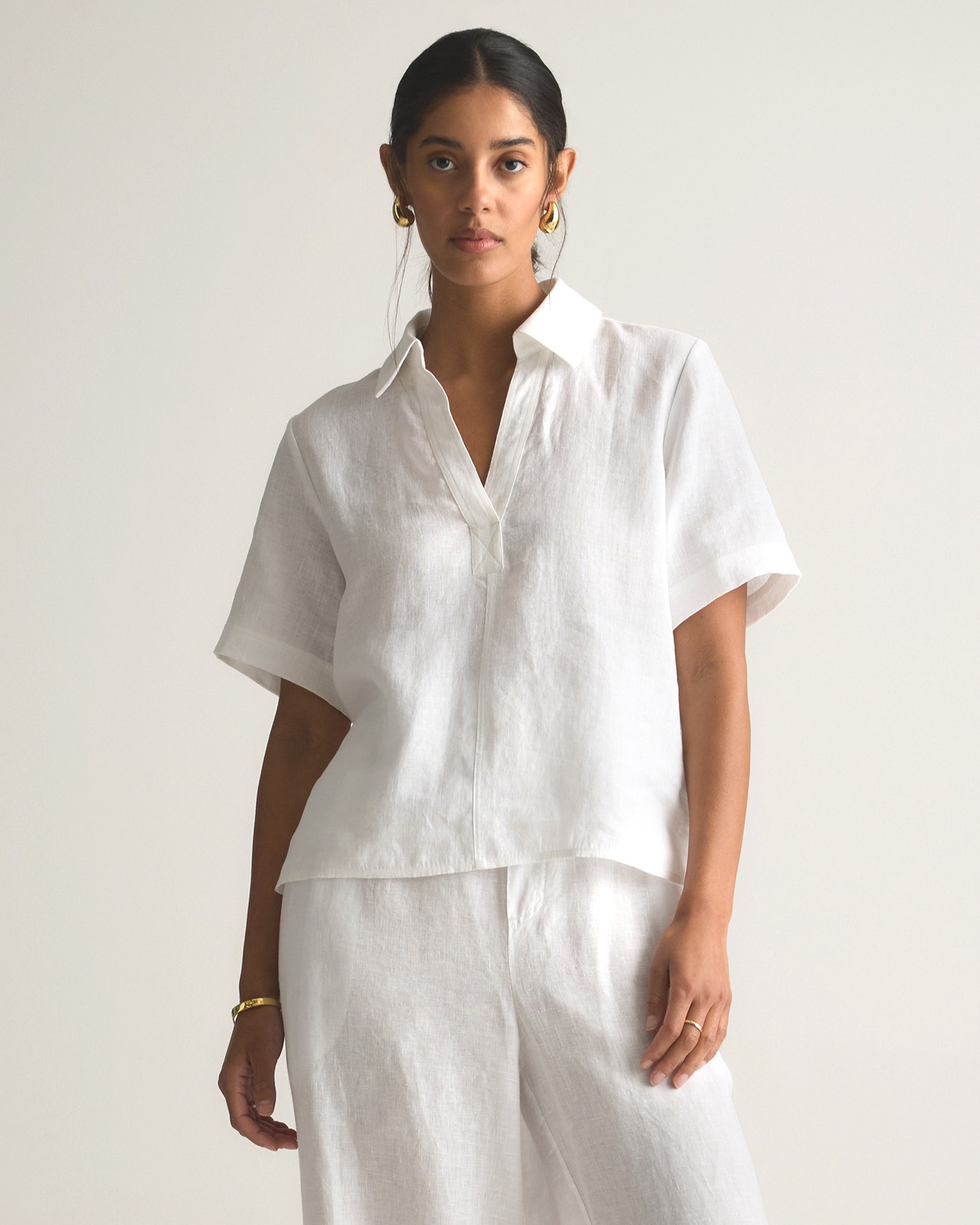 100% European Linen Short Sleeve Popover Top